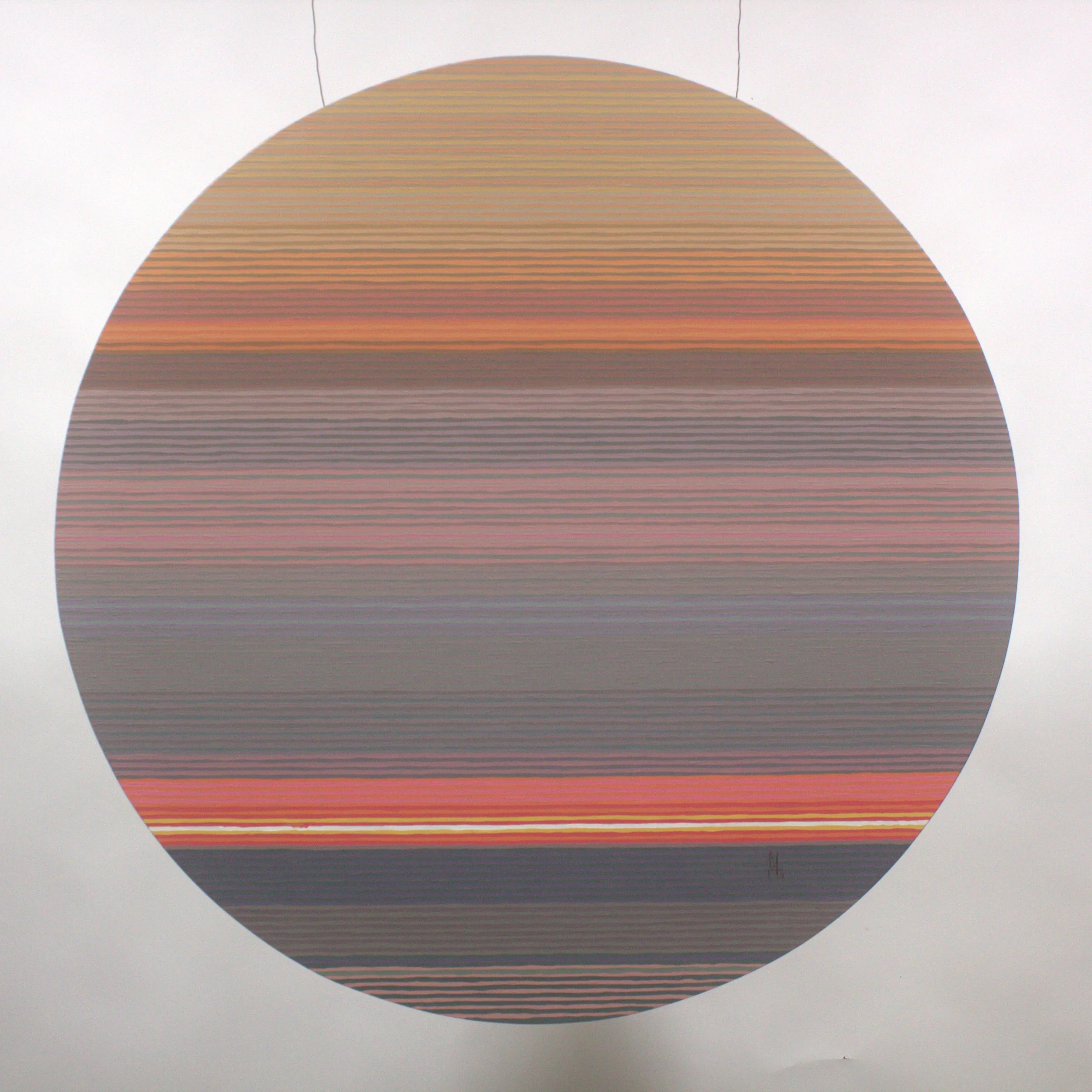 Circular abstract artwork by Benjamin Turley with horizontal stripes in shades of orange, brown, pink, gray, and yellow on a white background.