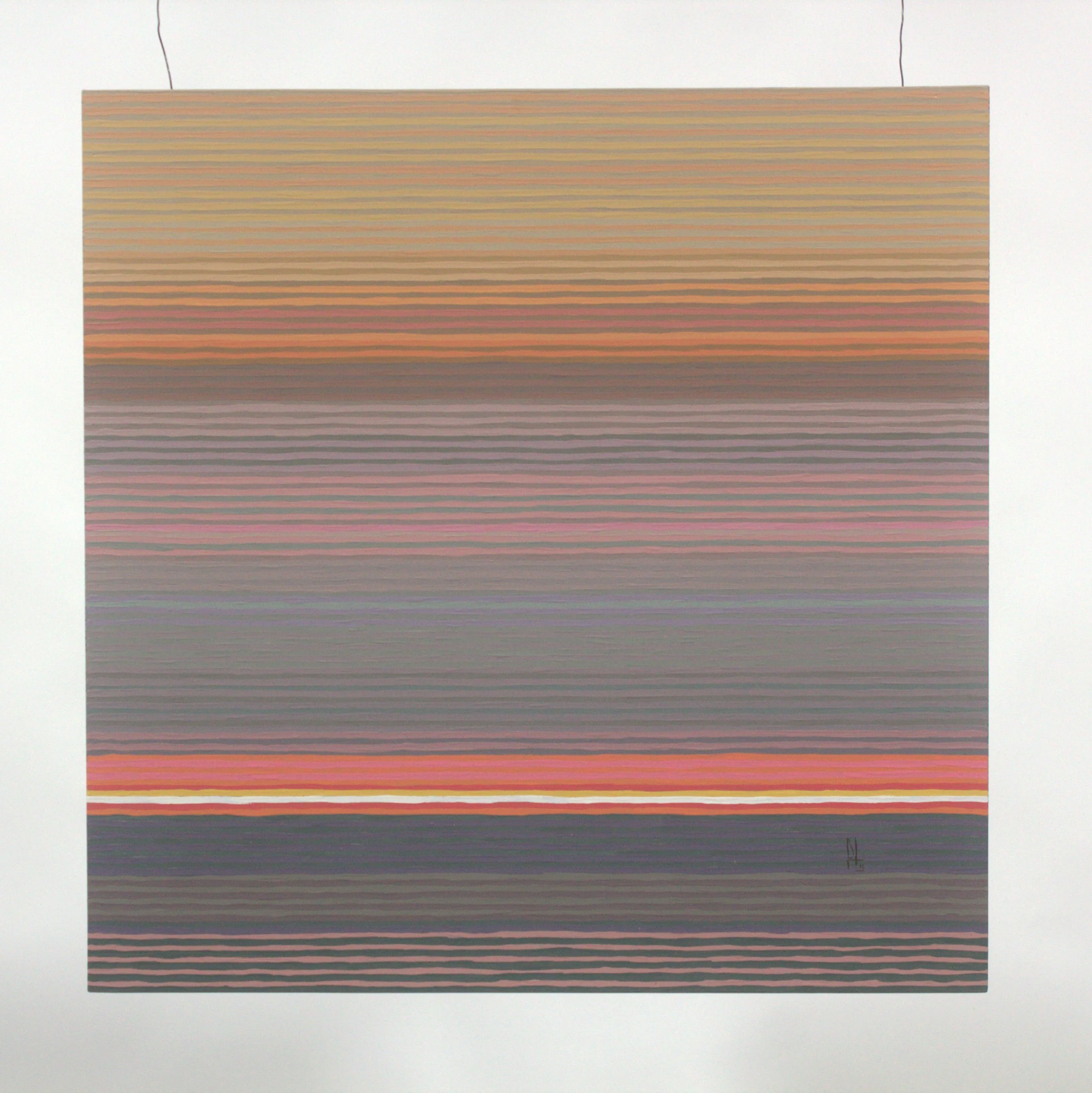 Abstract painting by Benjamin Turley with horizontal lines in warm pastel tones, inspired by a forest fire