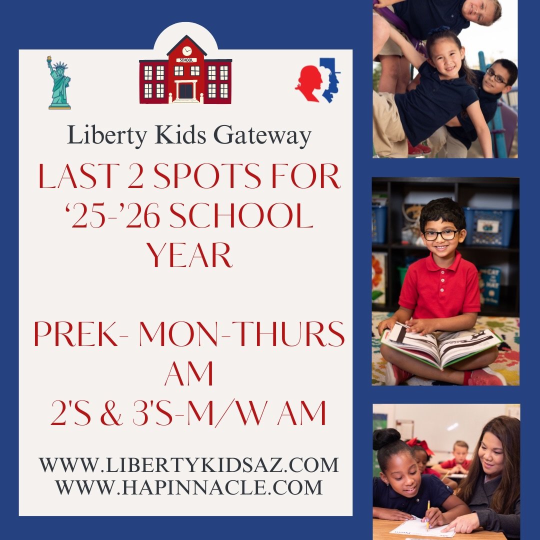 Here are our last 2 spots of &lsquo;25-&lsquo;26 school year! Call us to book a tour to grab one of these spots. (480) 461-4499 ext. 1 or email kristen@libertykidsaz.com