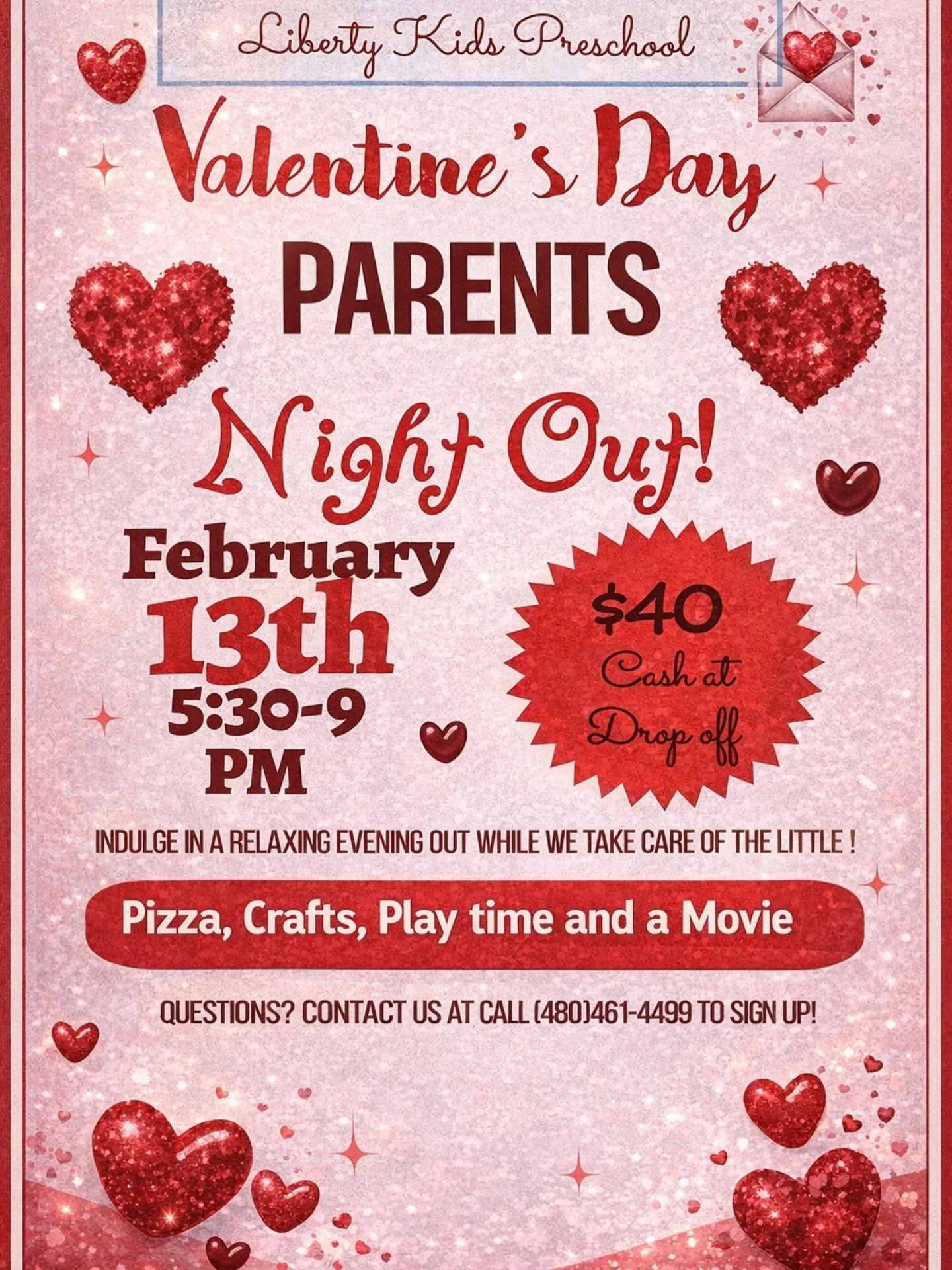 💘 Valentine&rsquo;s Parent Night Out &ndash; Pajama Party! 💘
Liberty Kids Preschool

Parents, this one&rsquo;s for YOU 🙌
Enjoy a relaxing night out while we host a cozy, fun-filled Valentine&rsquo;s Pajama Party for your littles!

📅 Friday 2/13
⏰