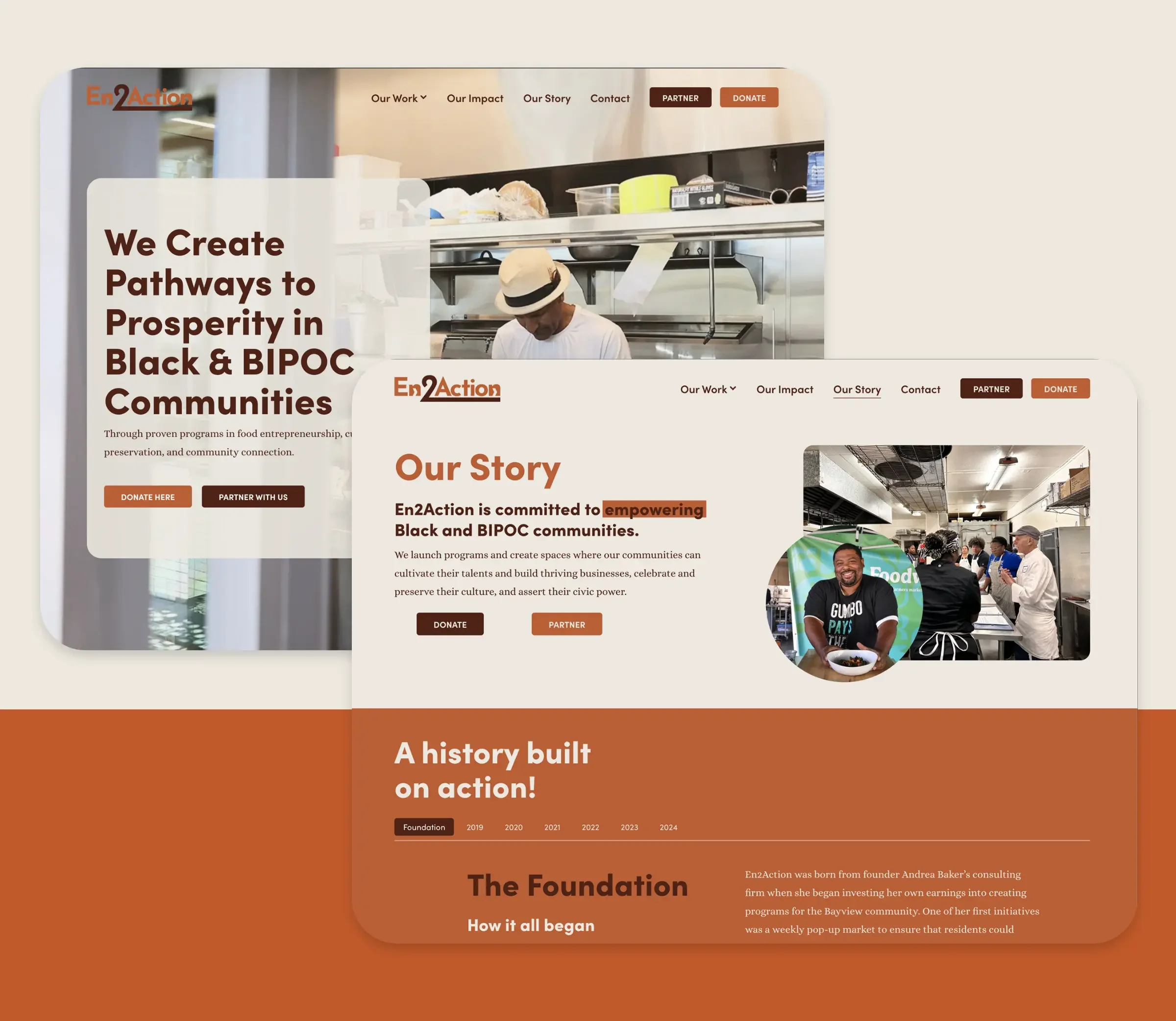 Layered screenshots of En2action's homepage and our story page.