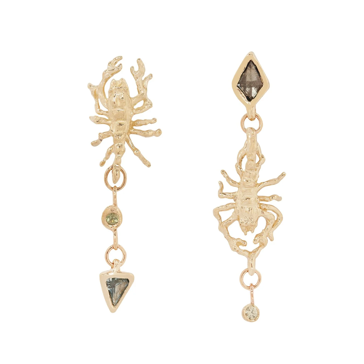 Asymmetrical scorpion earrings 14k yellow gold sri lankan sapphire alexis pavlantos copy 2.jpg
