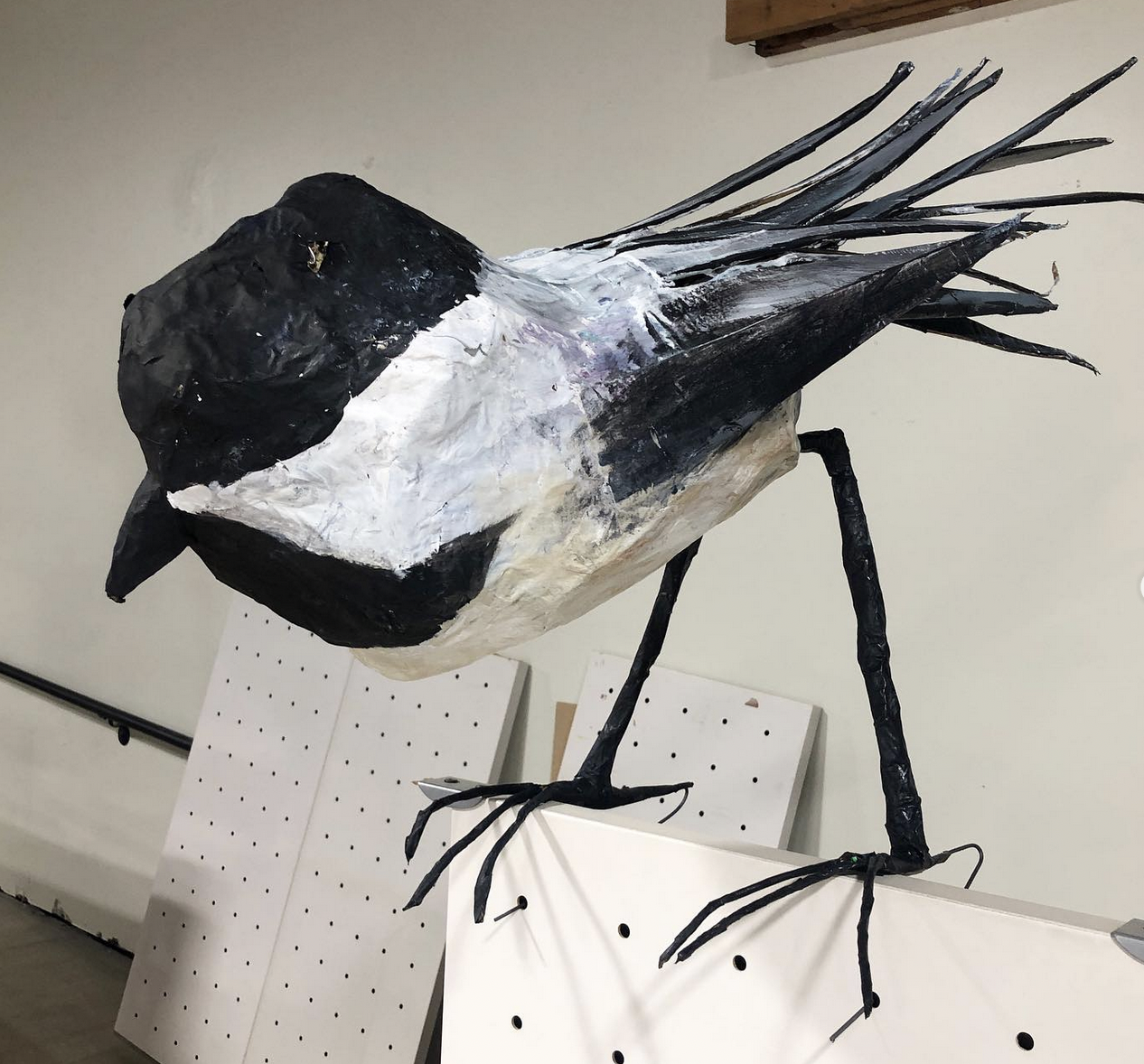 Black-Capped Chickadee, paper mache and wire, 2023