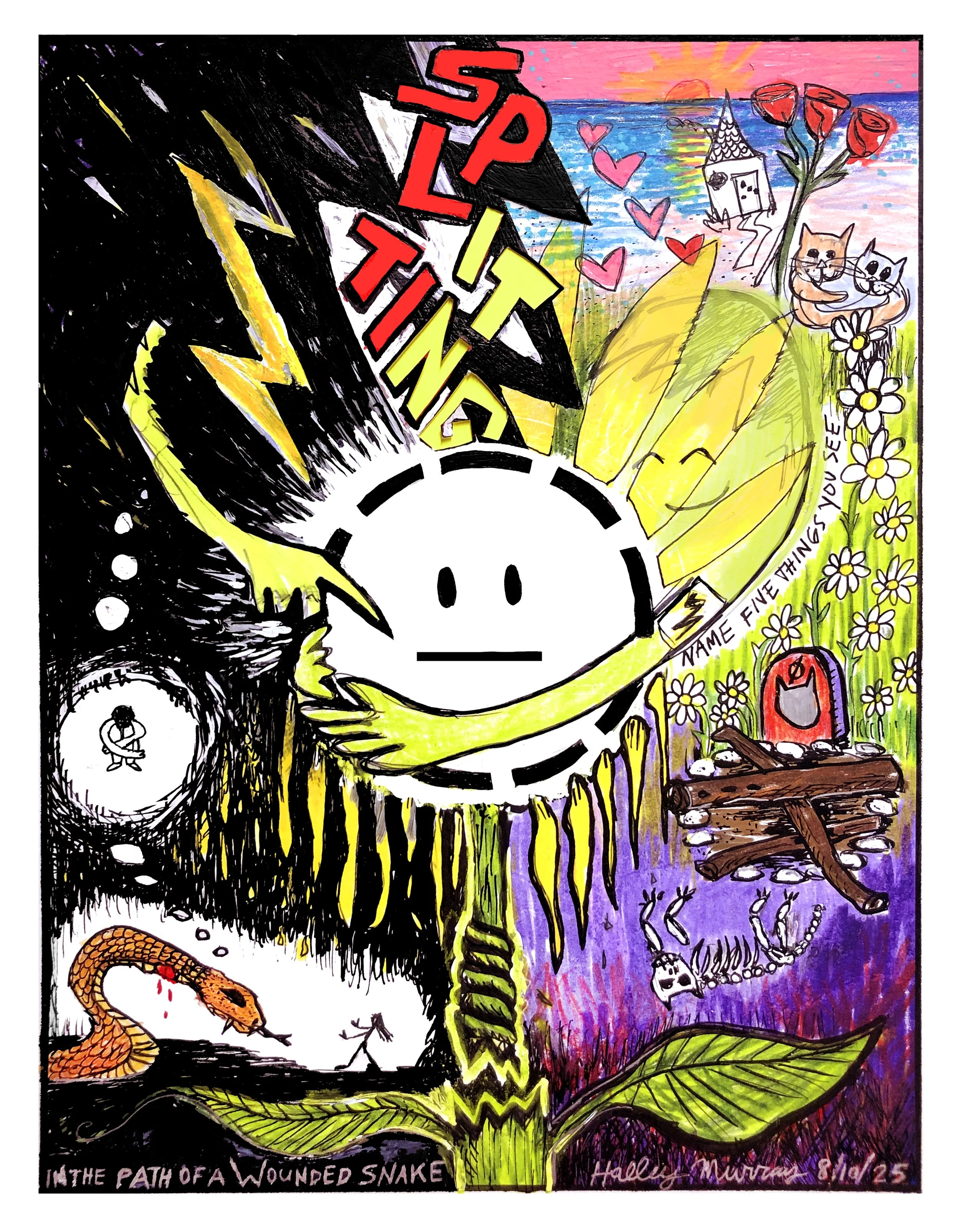 In The Path of a Wounded Snake, 8/10/25, colored pencil and ink on bristol, 11x14"