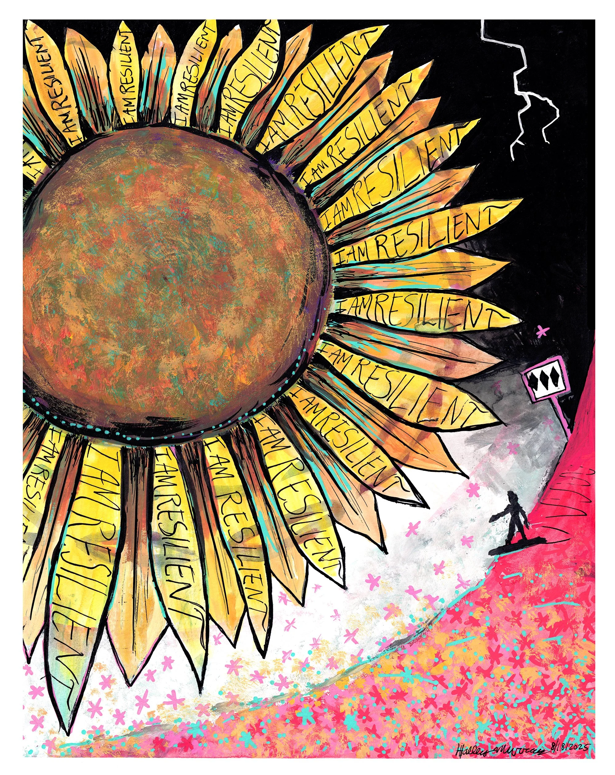 I Am Resilient, 8/18/25. Gouache, paint marker and ink on bristol, 11x14"