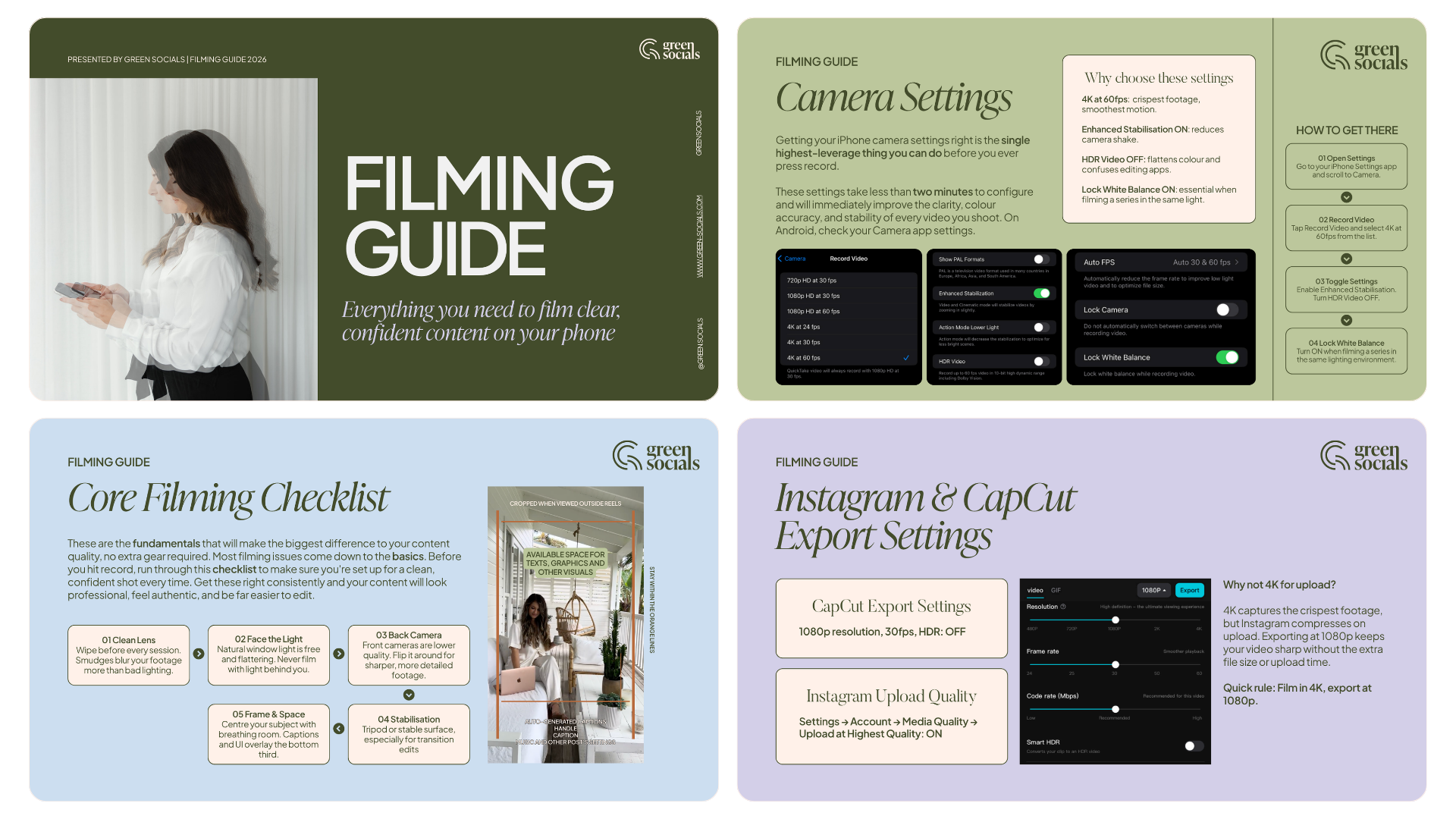 Pages from the Green Socials Filming Guide: cover, camera settings, core filming checklist and export settings
