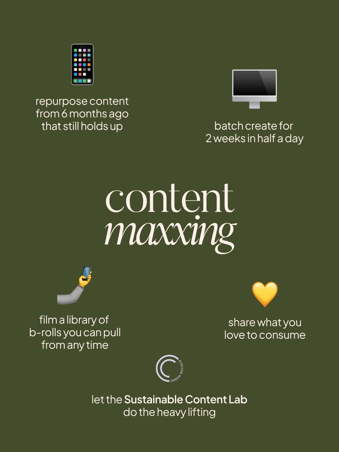 content maxxing = how to maximise your content creation process! it's about getting more out of what you already have.

here's how we do it:

&rarr; pull your best content from 6 months ago. if it was good then, it's worth a remix now.
&rarr; batch c