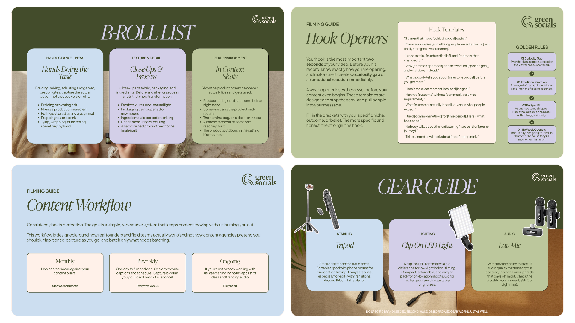 Pages from the Green Socials Filming Guide: B-roll shot list, hook openers, content workflow and gear guide