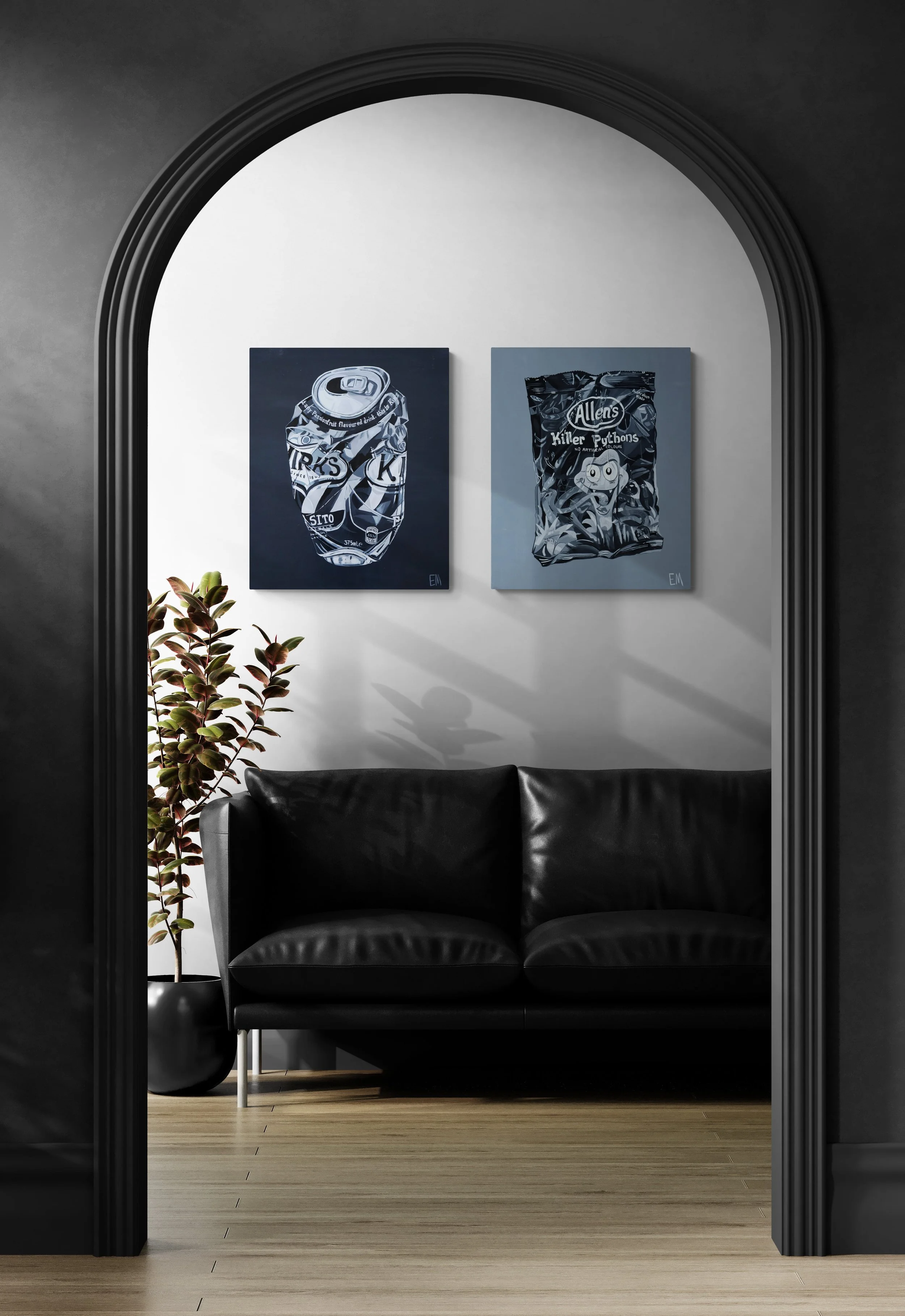 modern room archway with sofa and grey paintings
