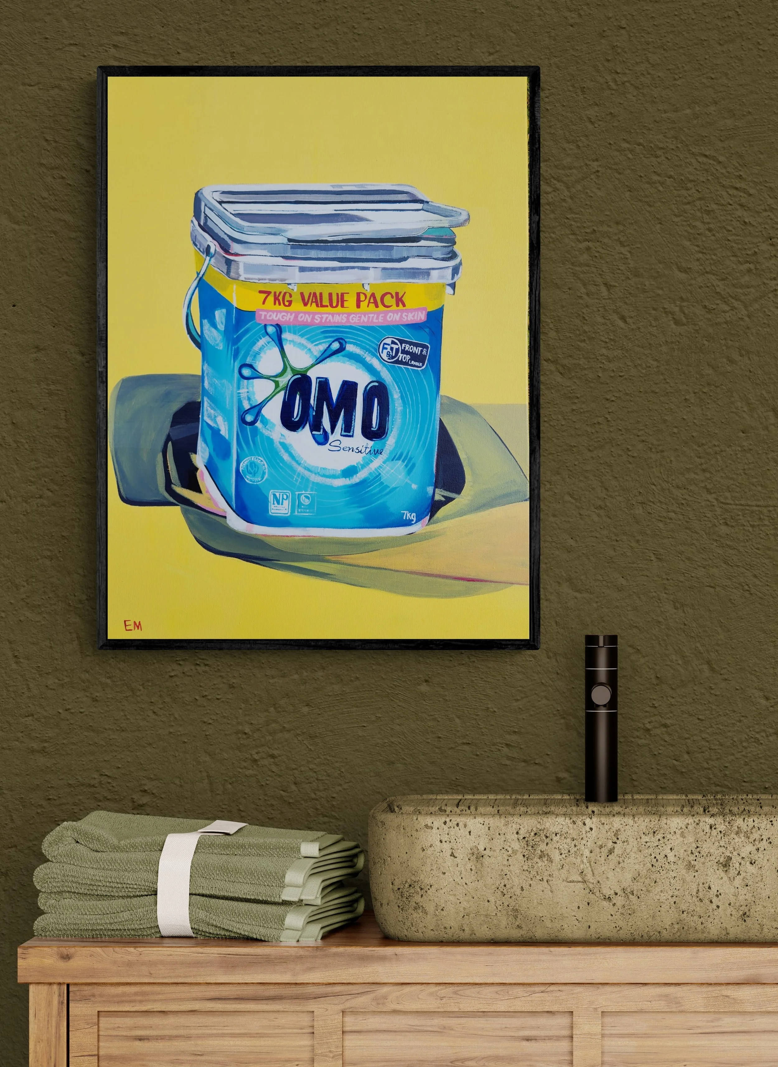 omo washing powder painting displayed on green bathroom wall