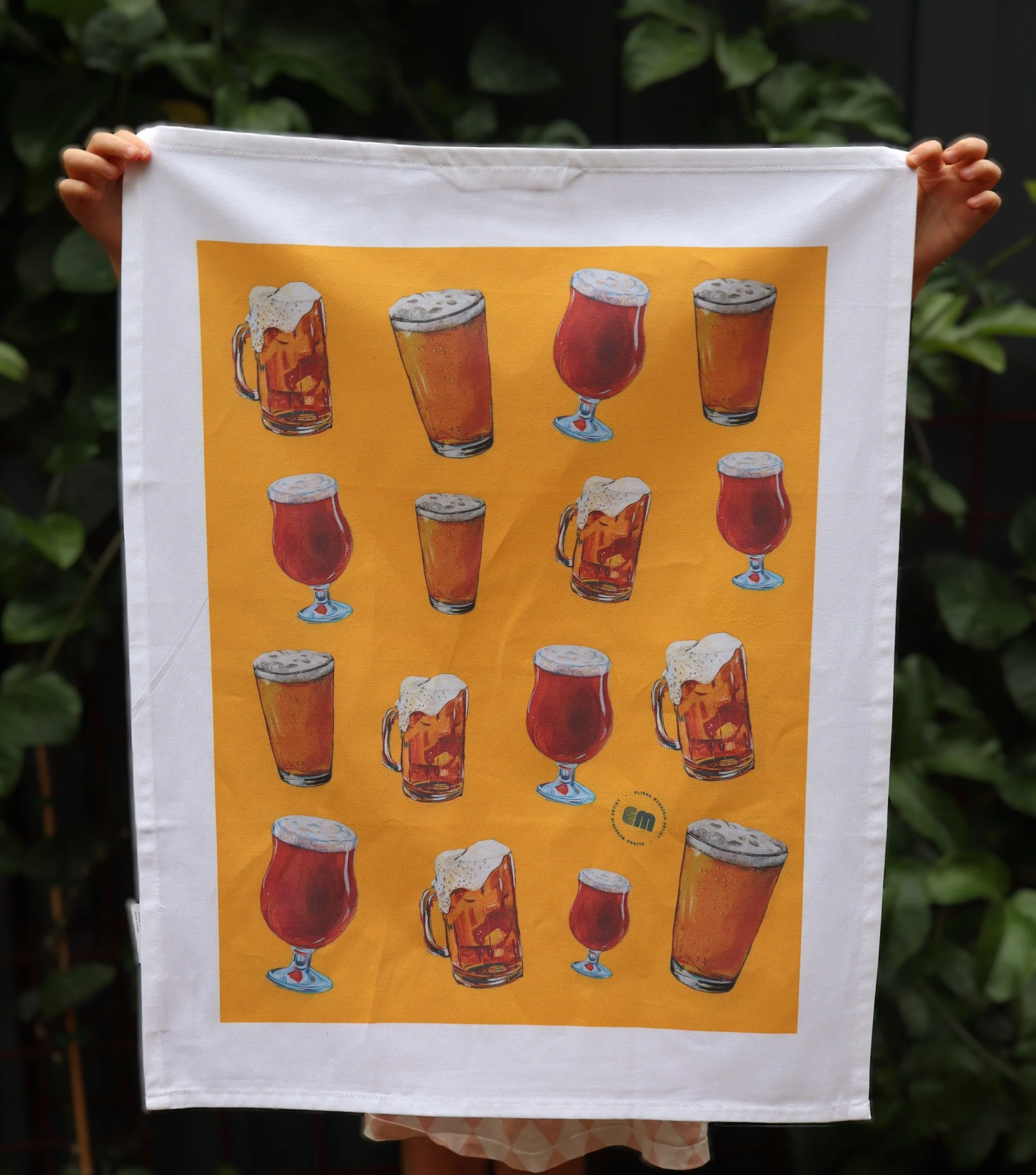 white organic tea towel yellow beer design