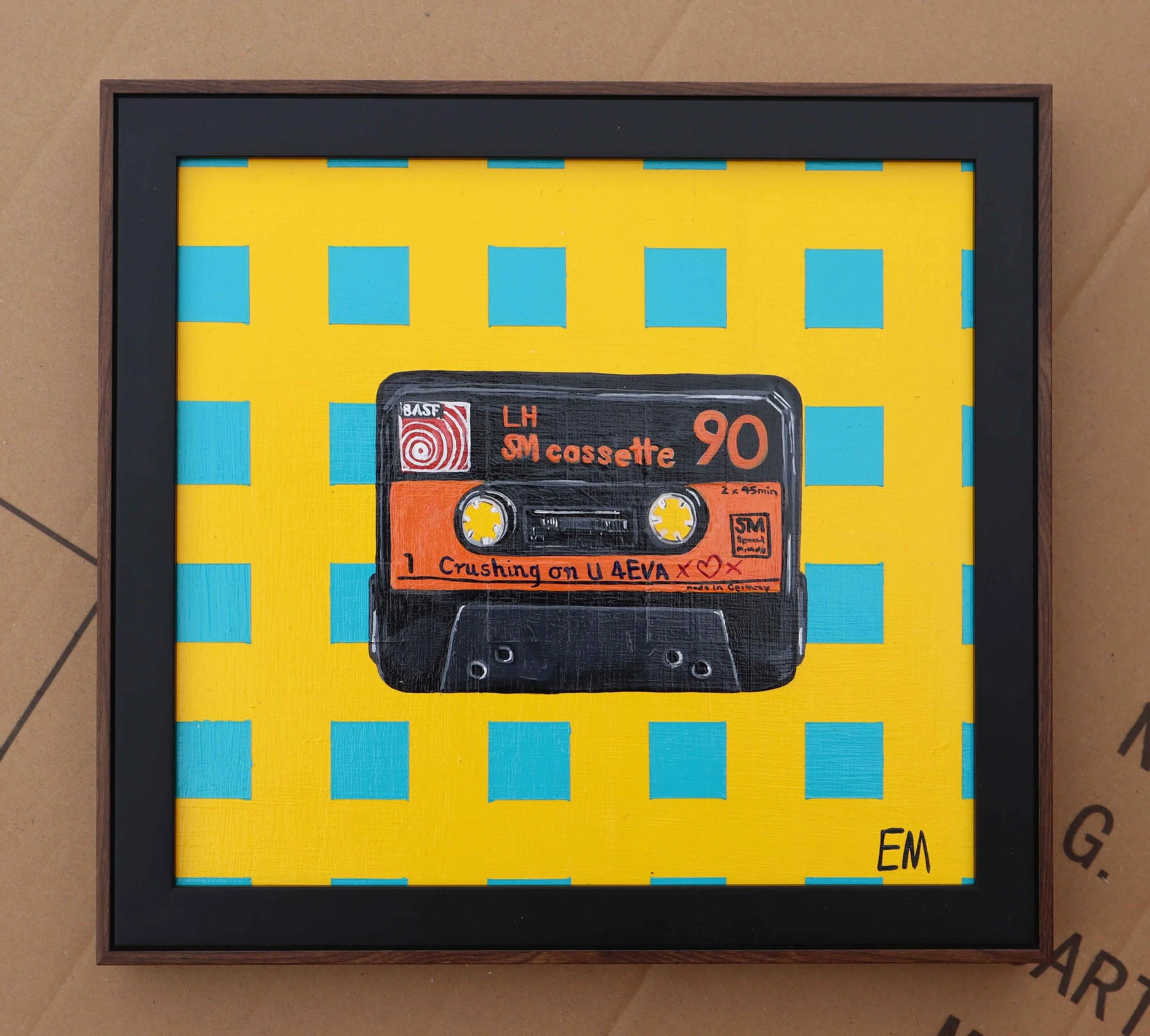 Framed Cassette Painting With Black And Timber Retro Look