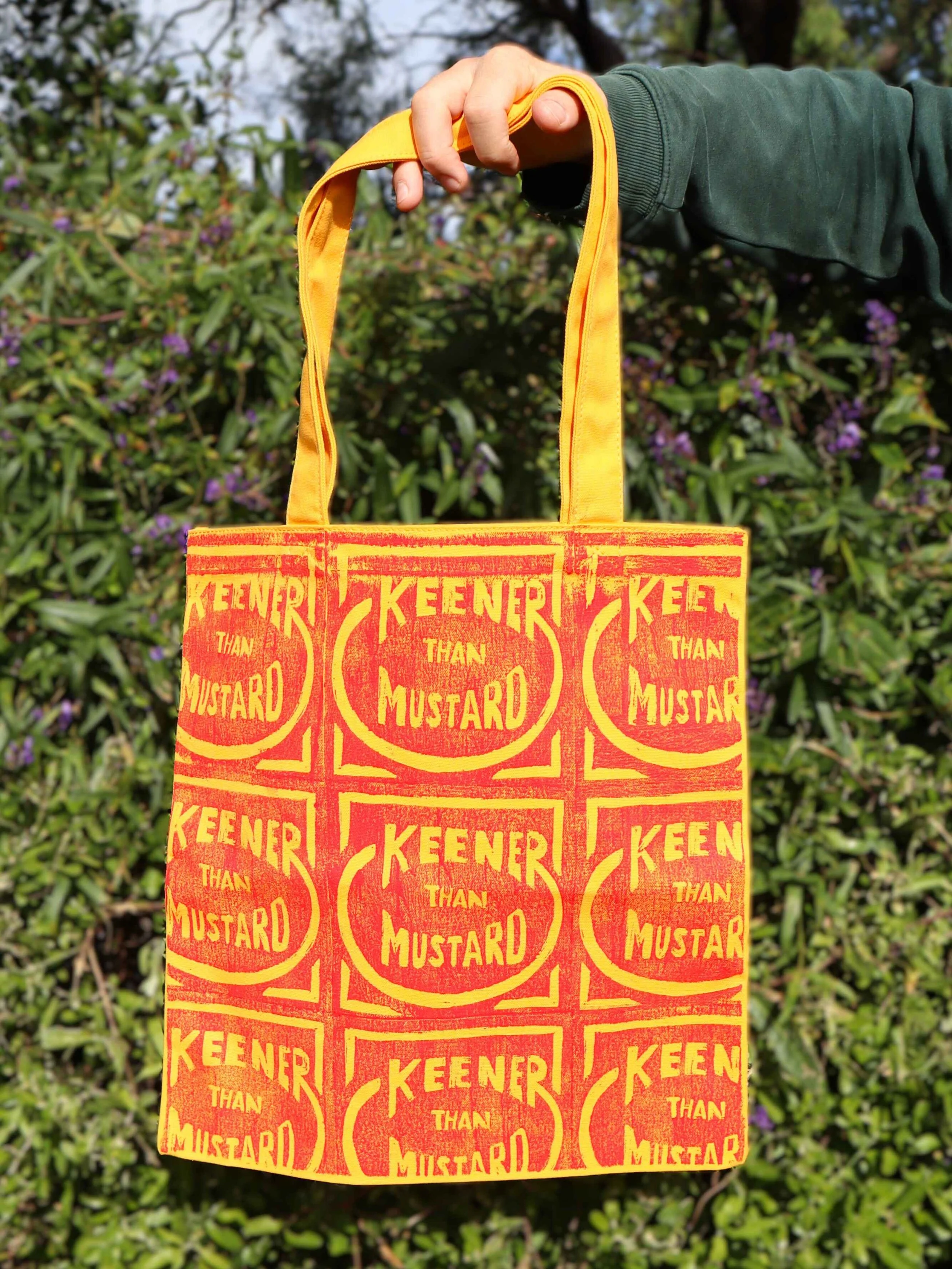 shop handmade printed tote bag keens mustard