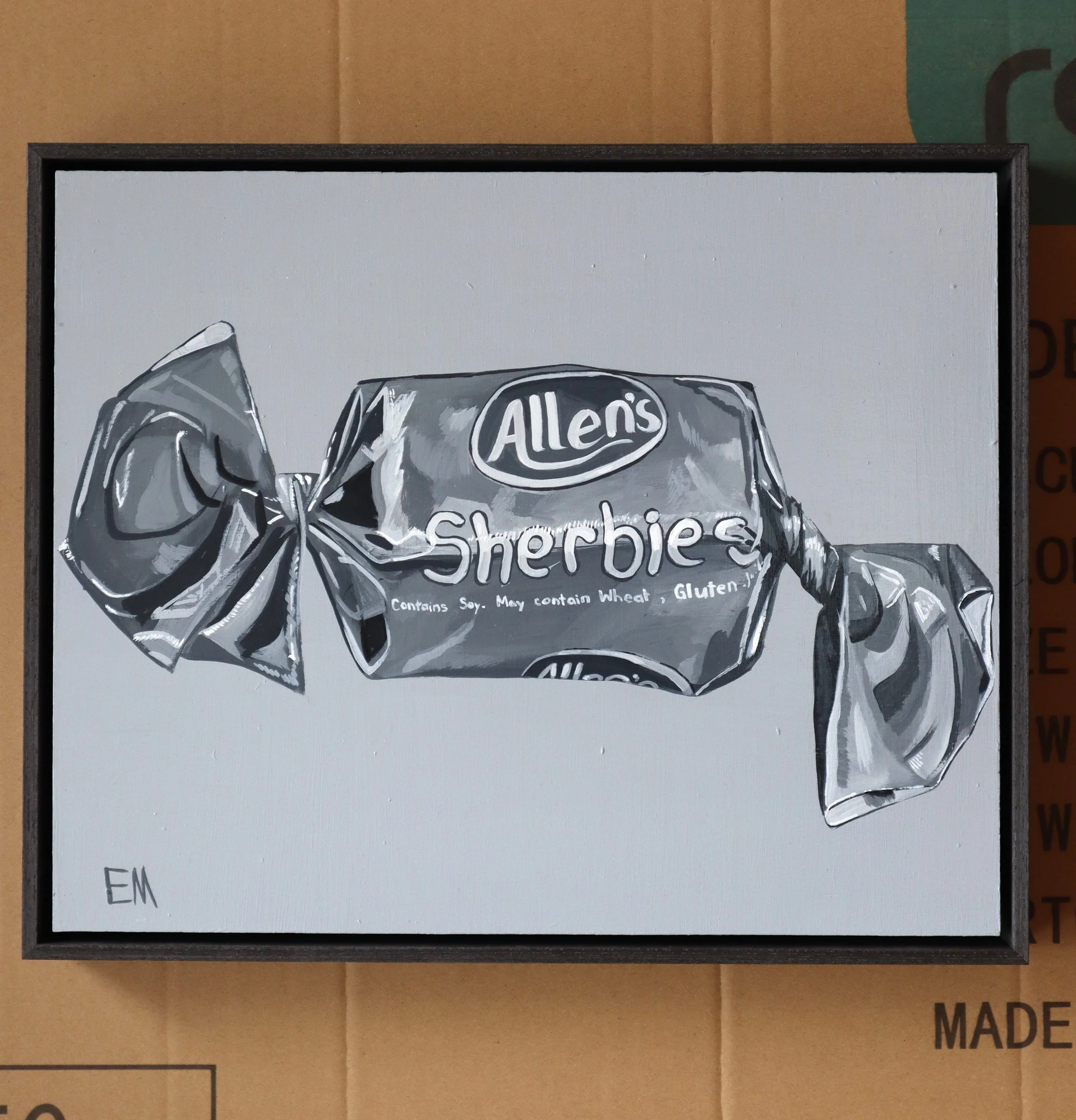 Allens Sherbie Painting in blacjk and white framed in grey