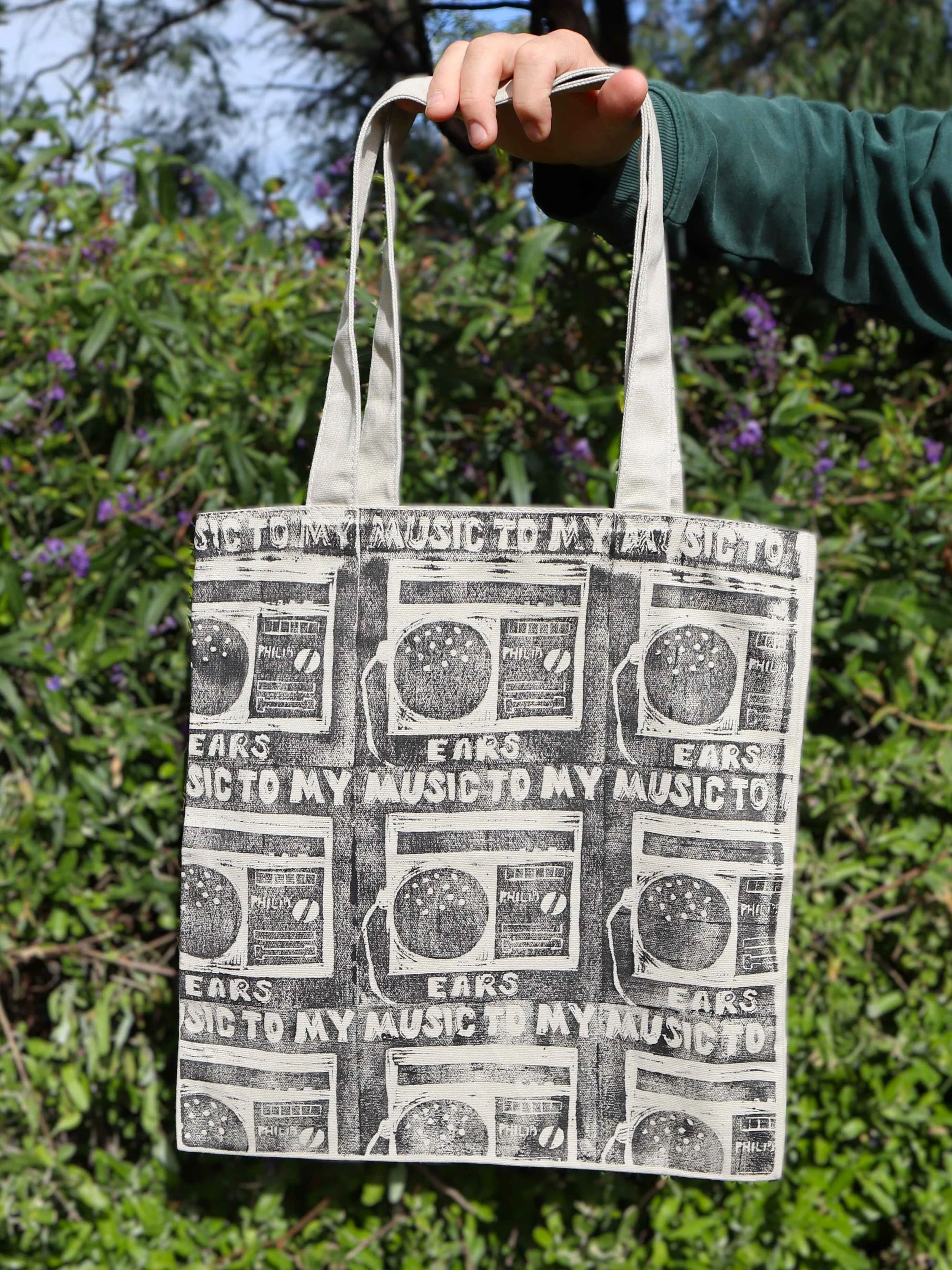 hand printed tote bag grey and black art