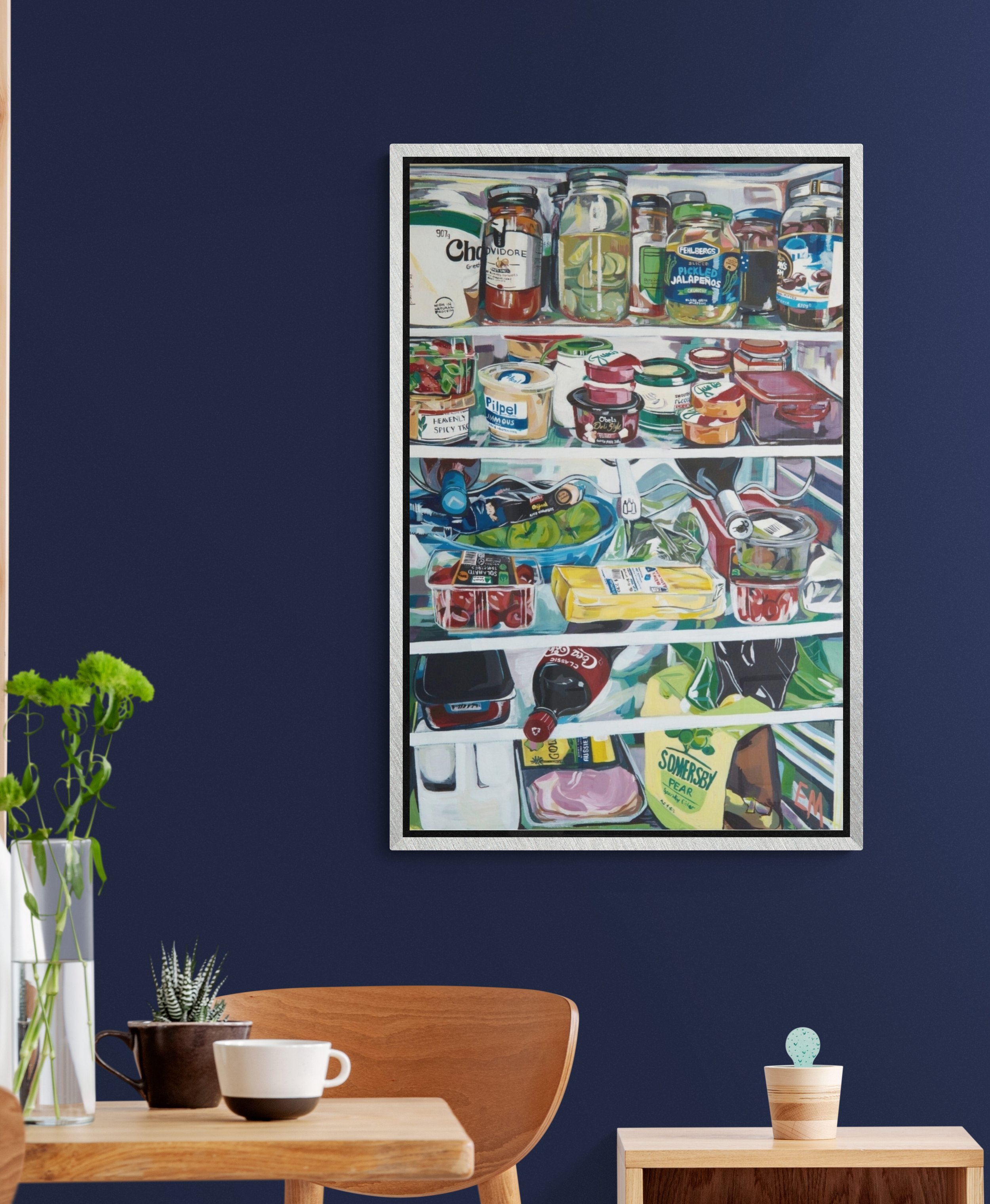 Fridge painting displayed in white frame
