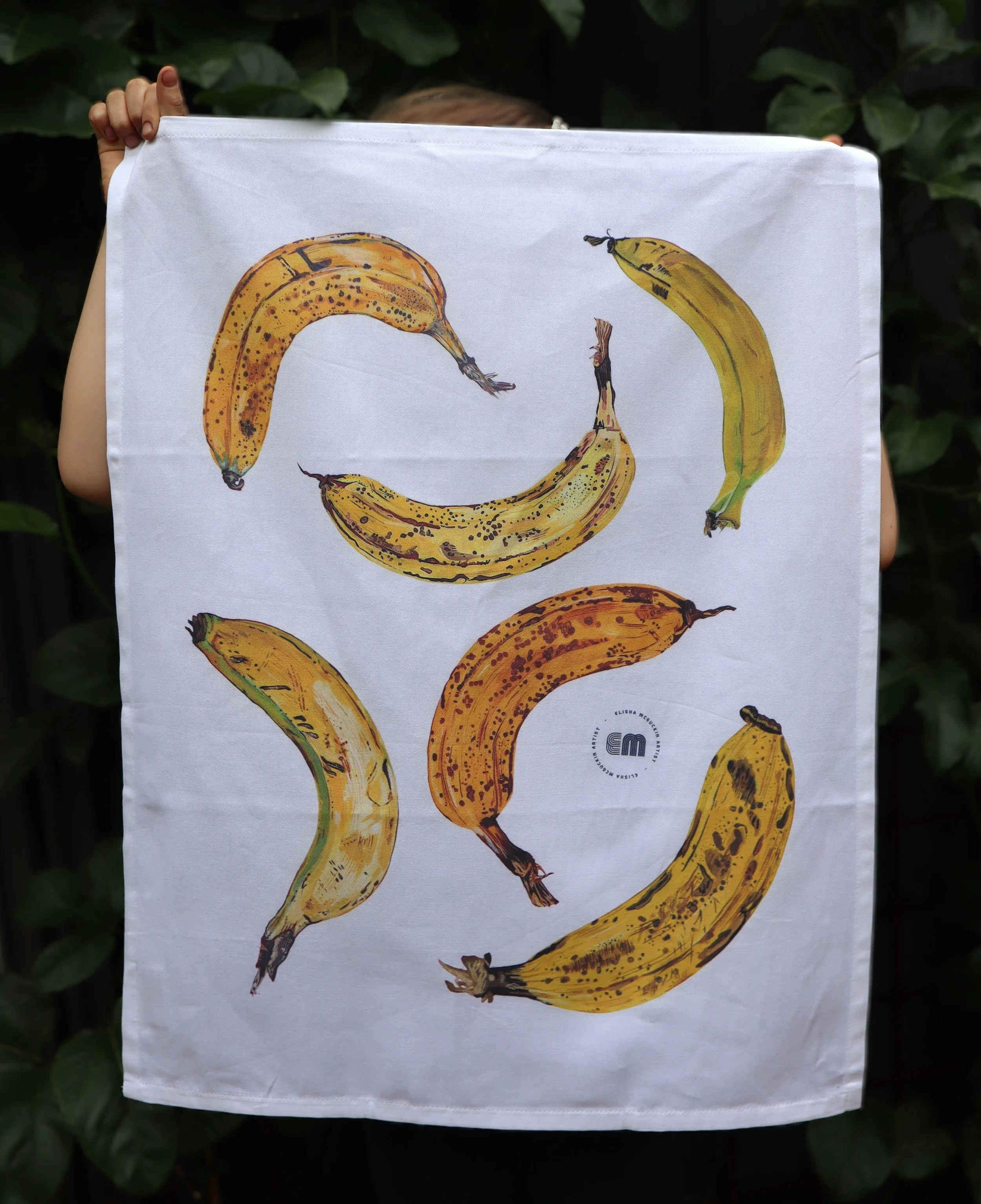 organic tea towel with yellow bananas design