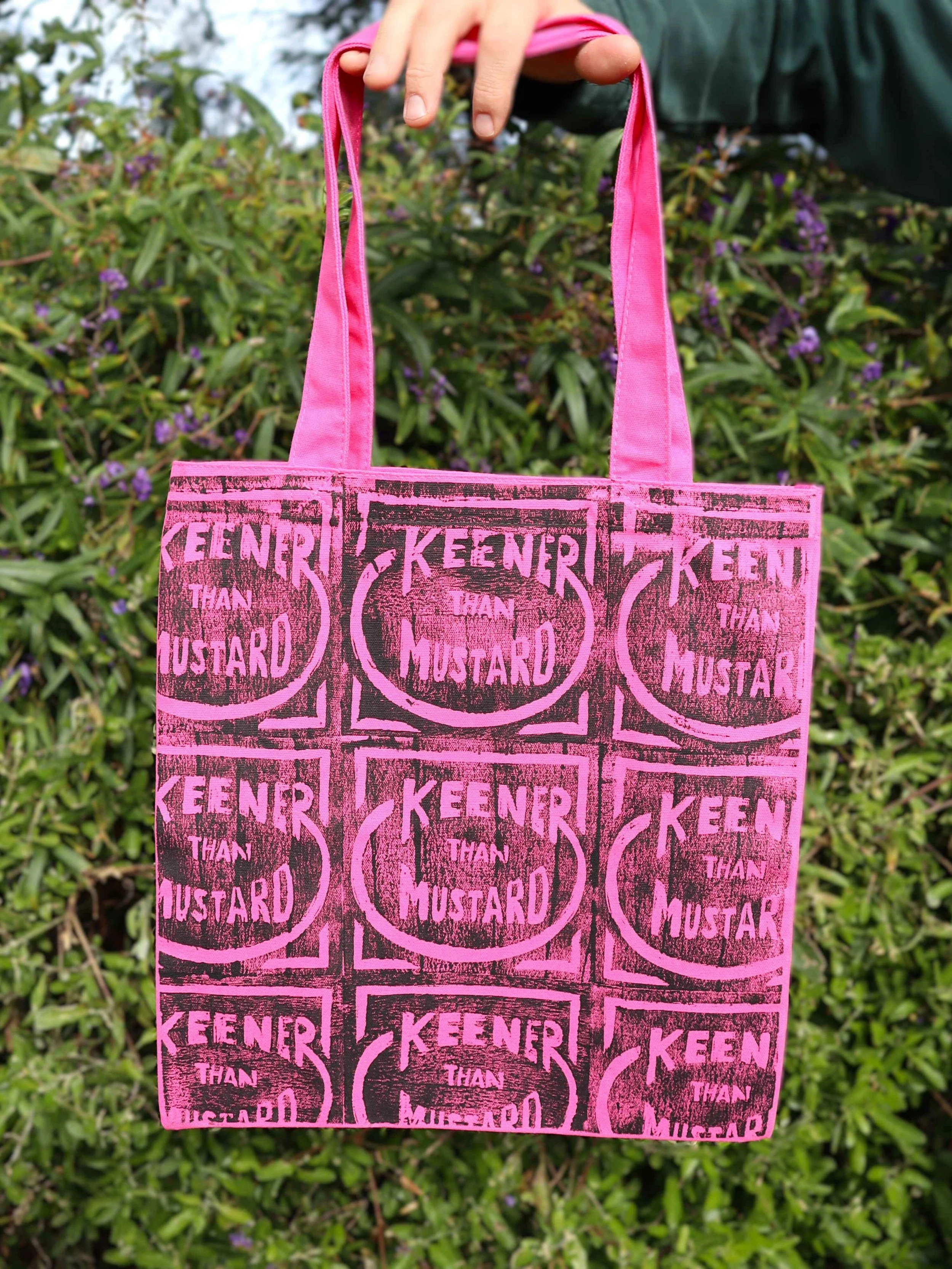 hot pink and black tote bag keens mustard