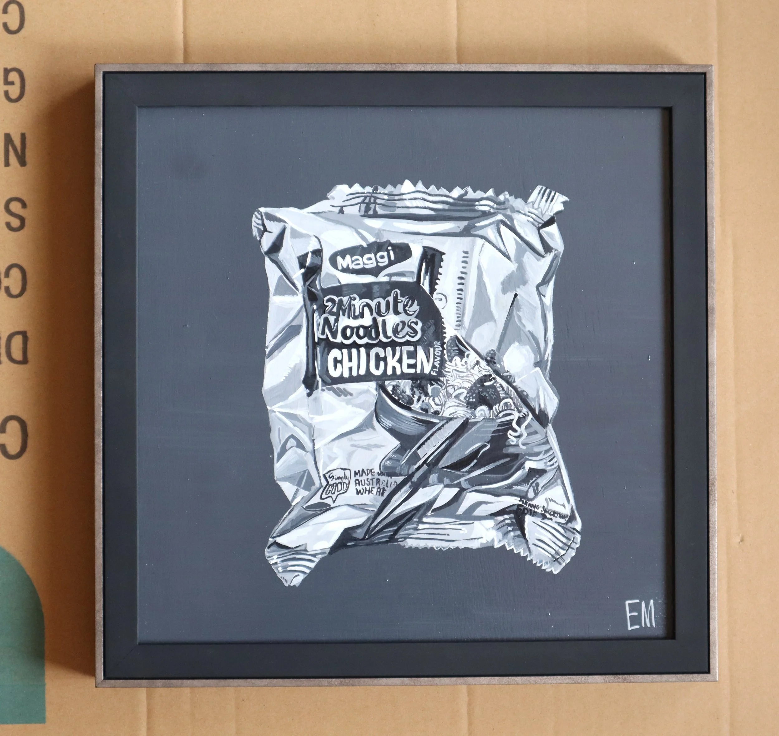 two minute noodle painting in monochrome fitted with black silver frame