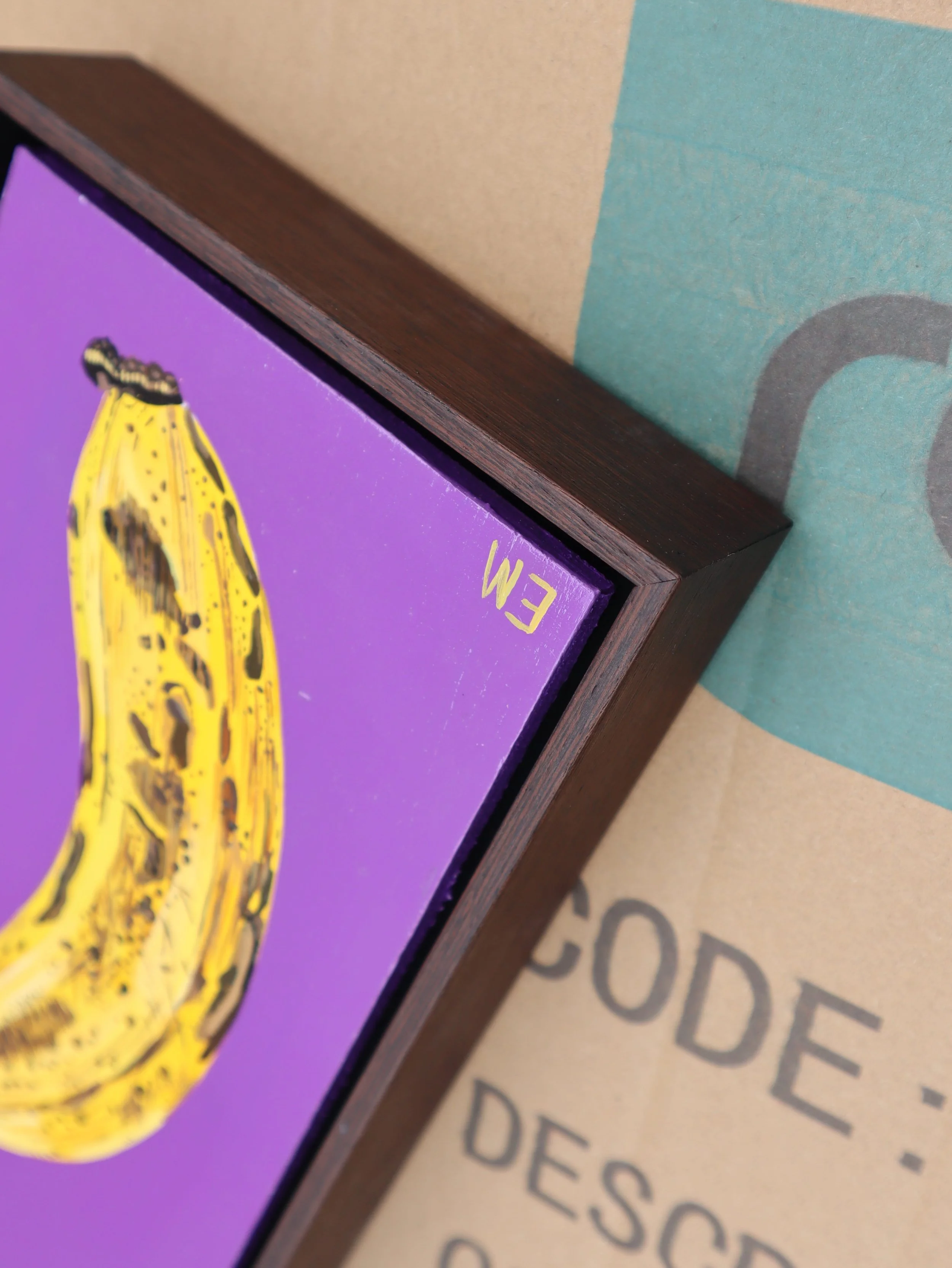 Timber Frame Fitted To Banana Painting Yellow and purple