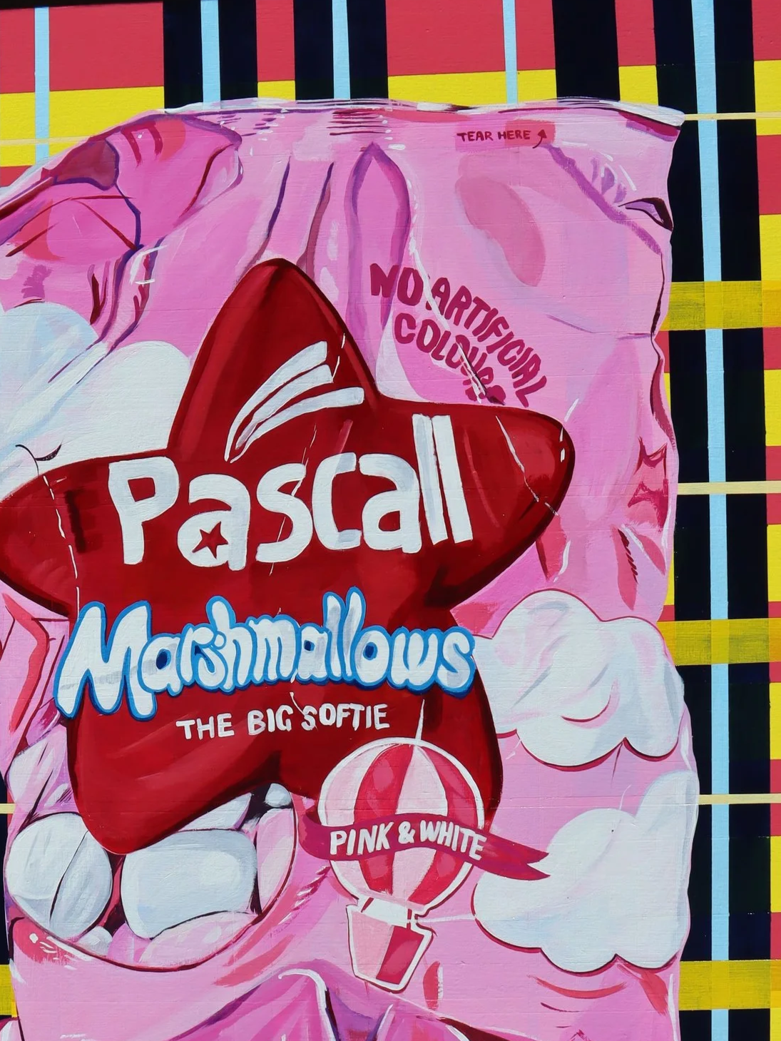 Details of painting crinkled lolly packet, no artificial colours words pascall marshmallows the big softie
