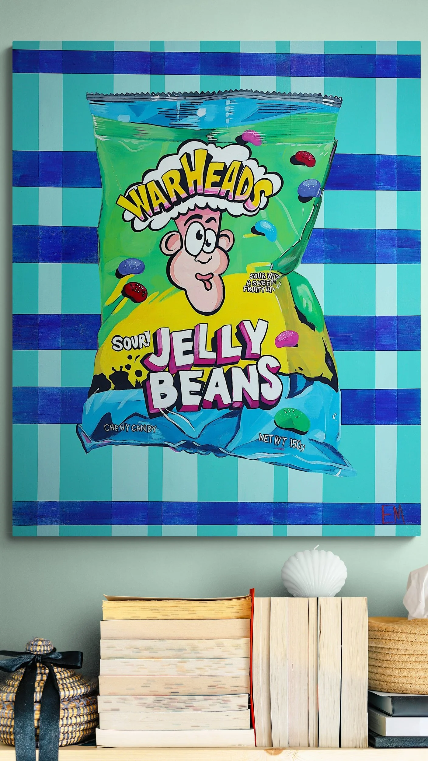 Bright blue warhead painting displayed on wall