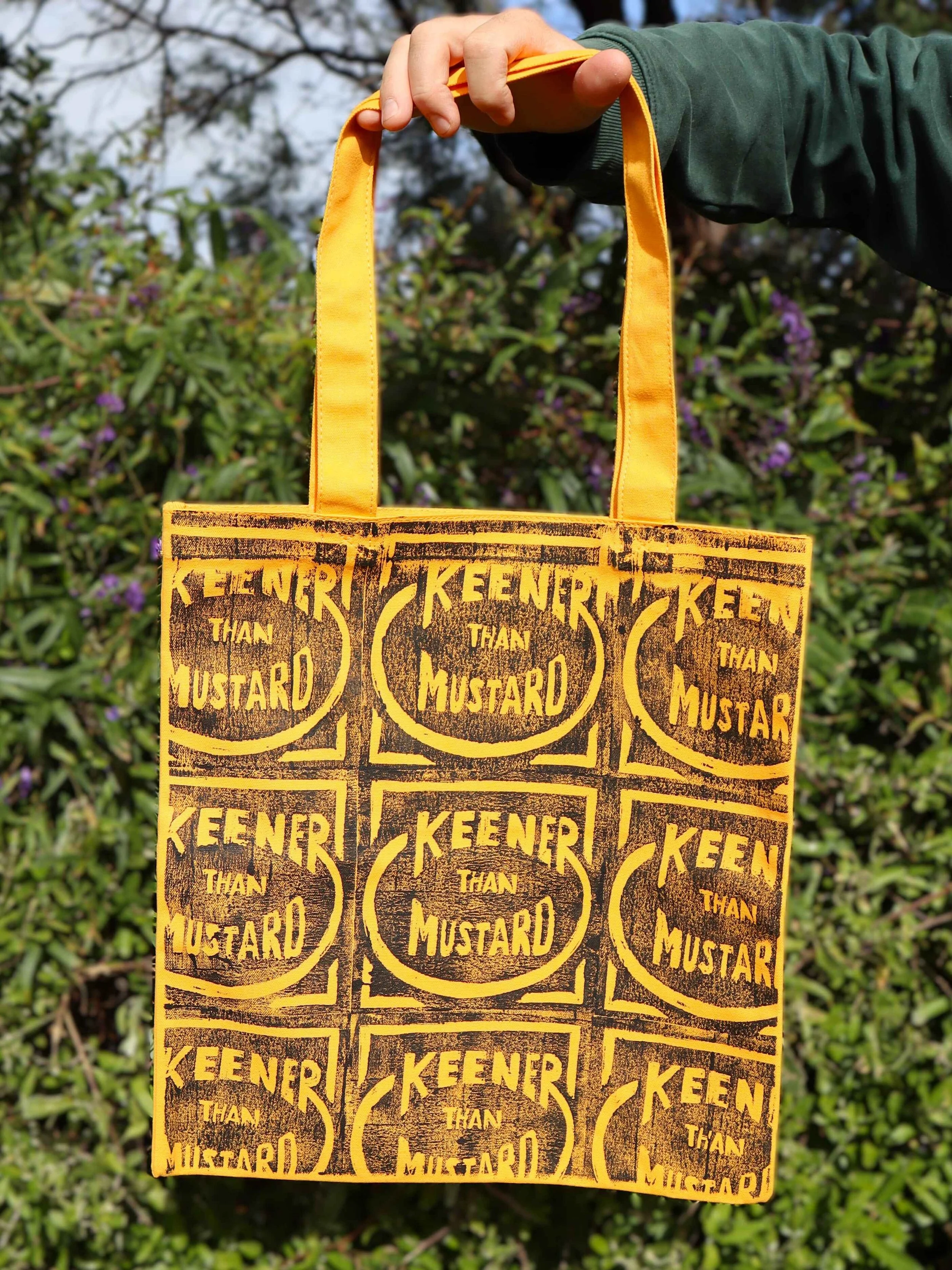 shop handmade printed tote bag keener than mustard