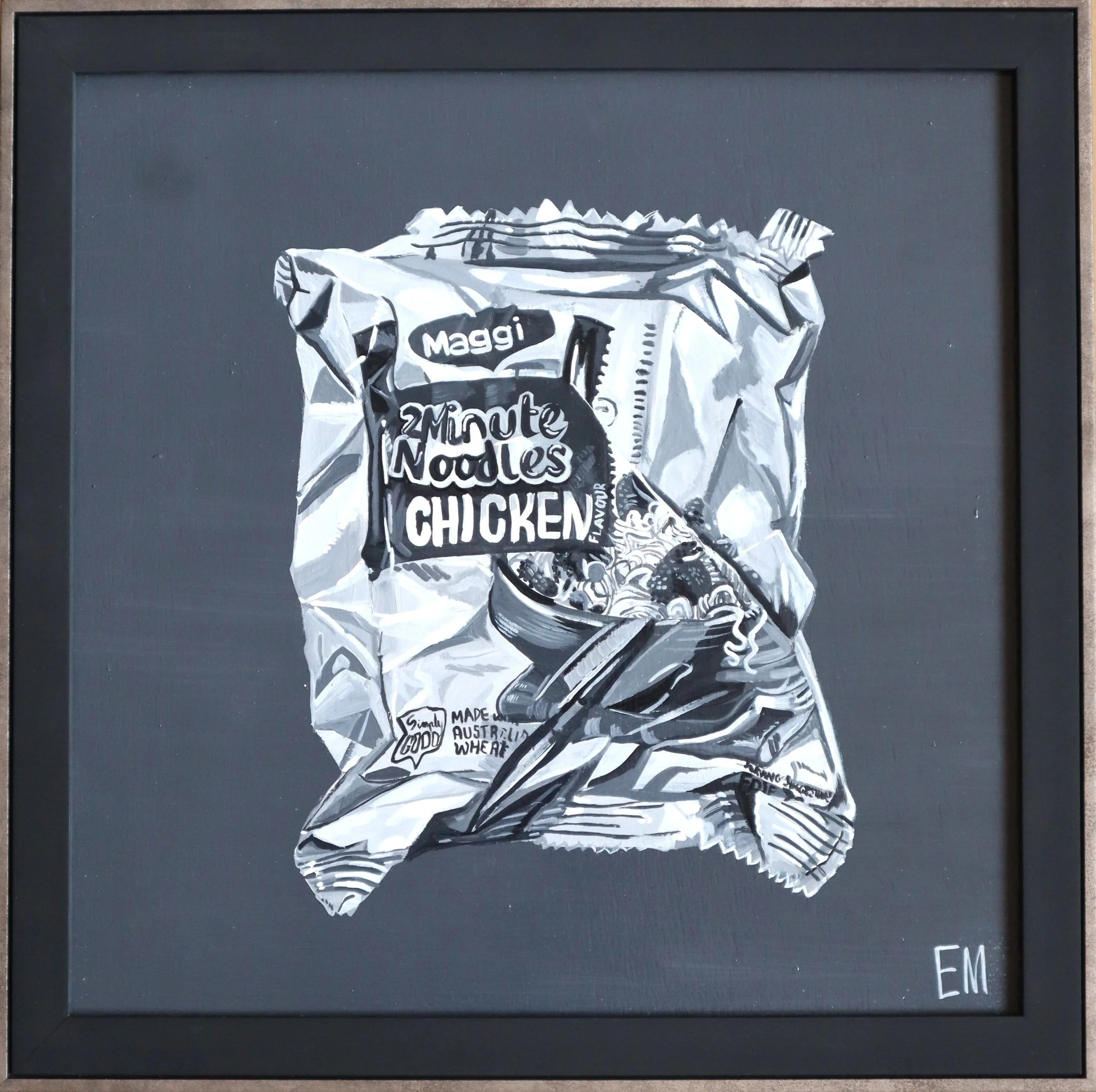 Grey painting of 2 minute noodles with black silver frame