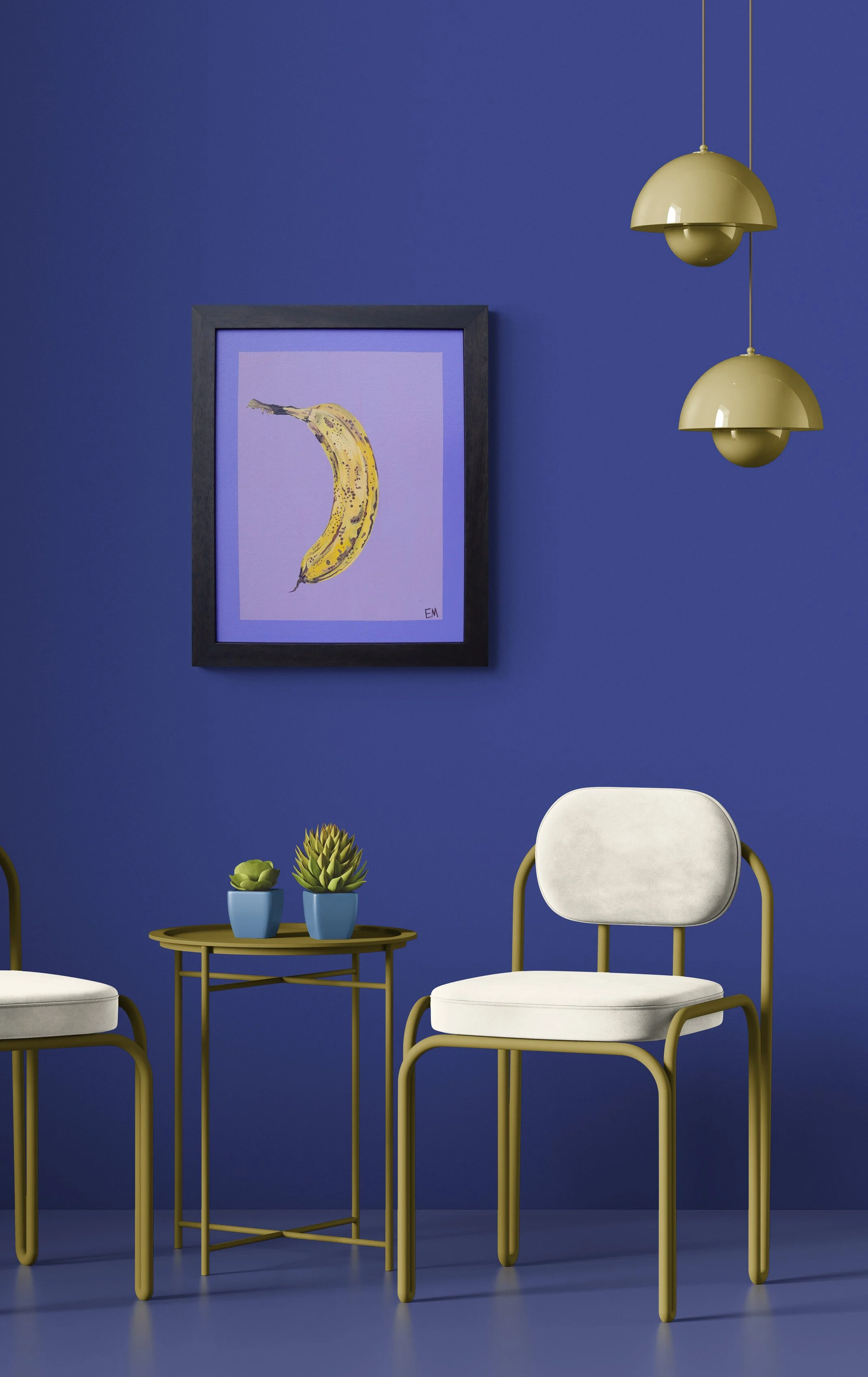 banana painting displayed in blue room original art