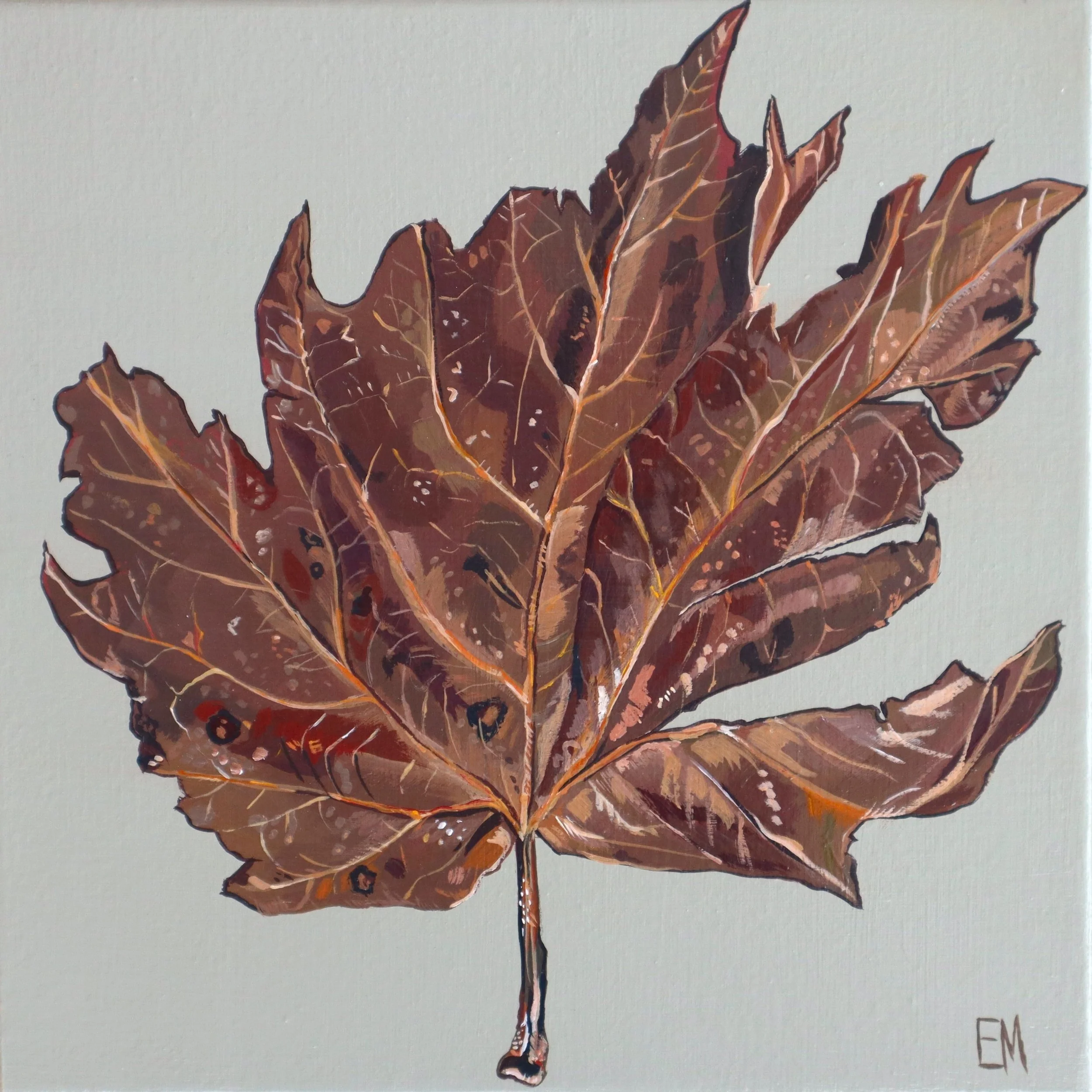 Autumn maple leaf painting neutral artwork with brown and grey