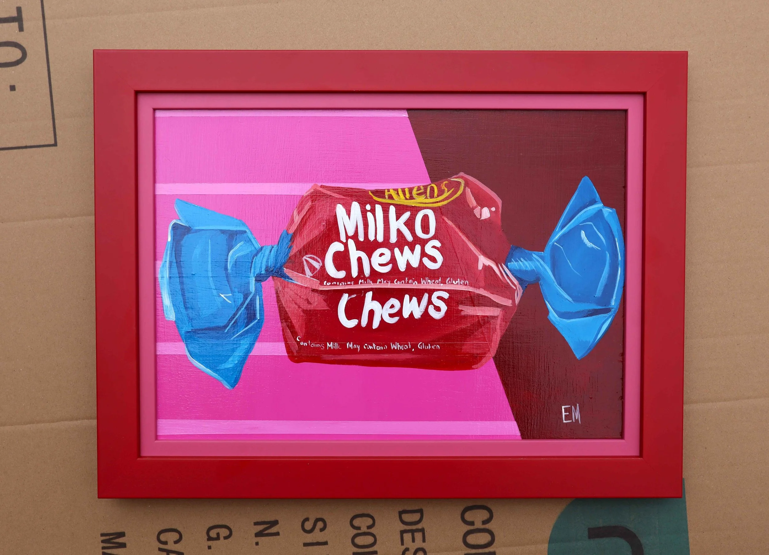 Milko painting with pink stripes red and pink frame
