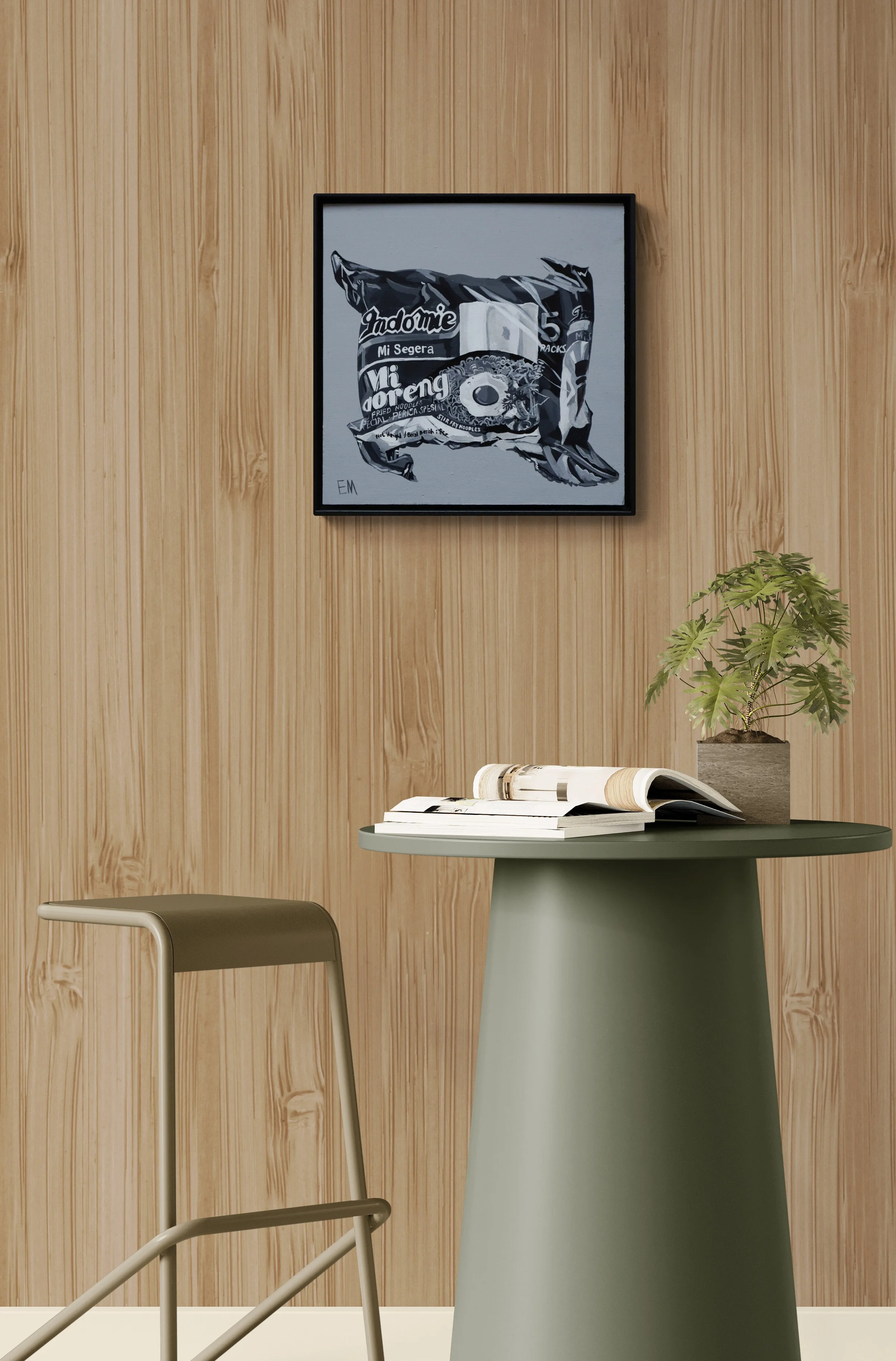 grey painting hangs on mid century timber wall