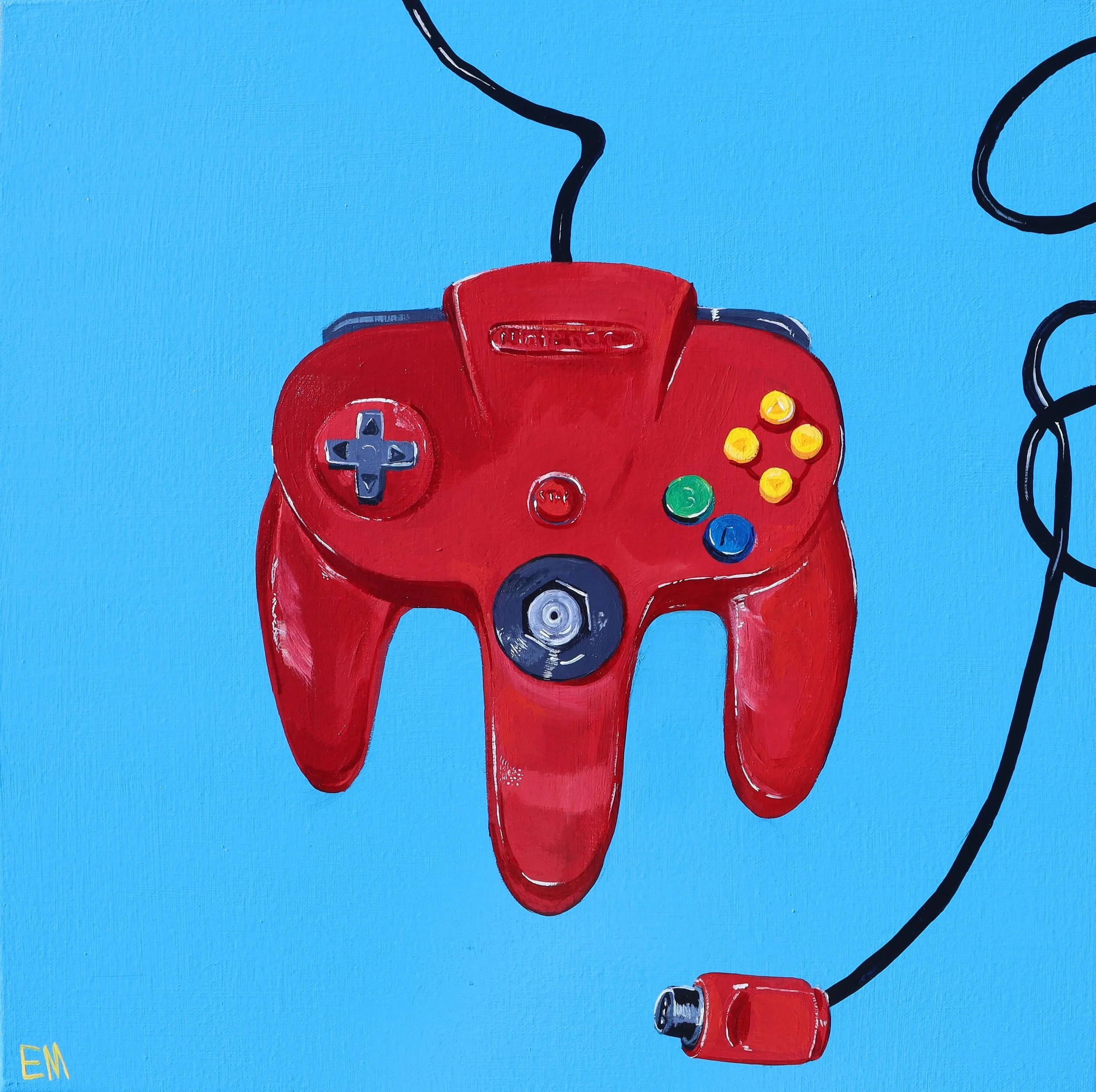 Red Nintendo 64 Game Controller Painted With Blue Background