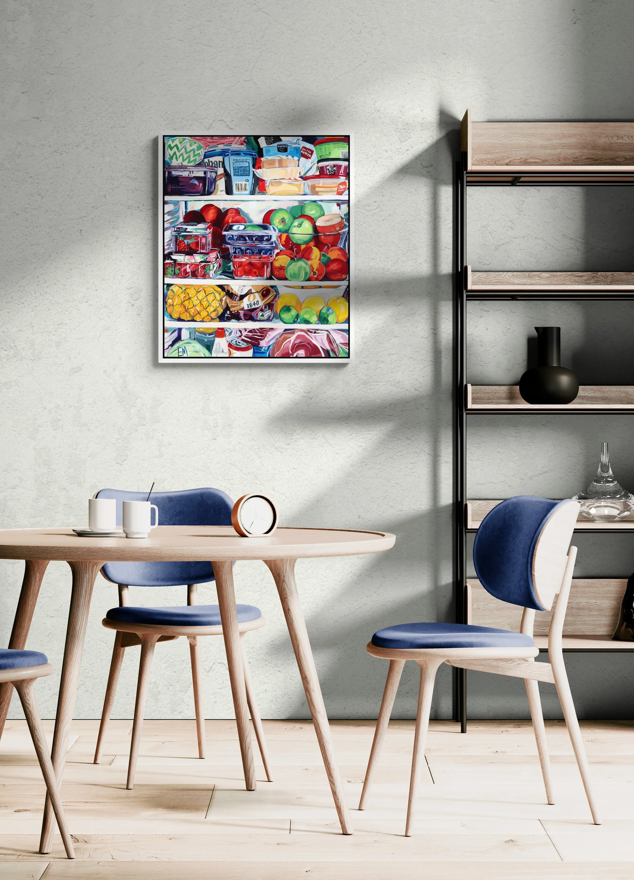 dining room with blue seats decor and bright food artwork