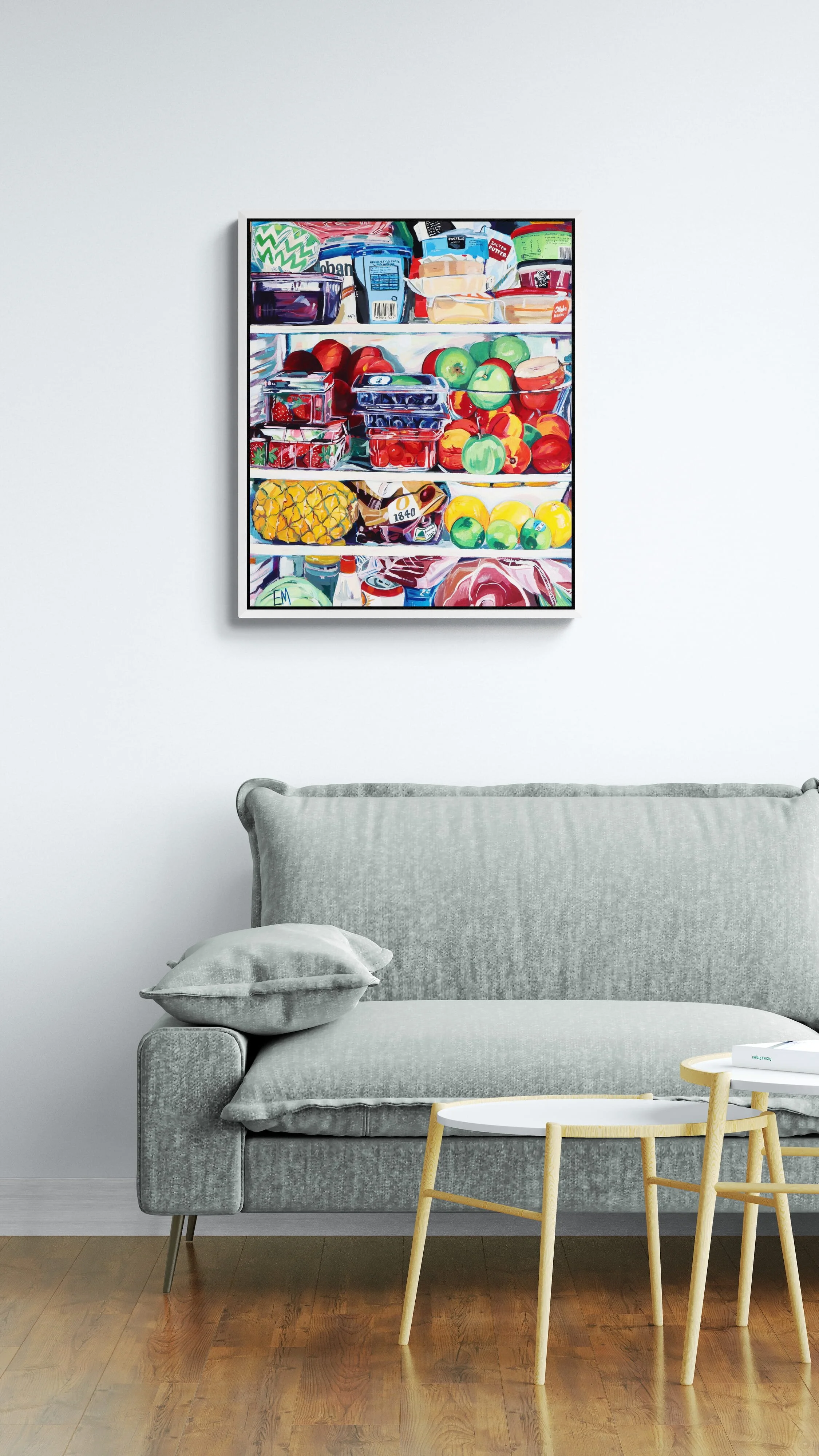 Neutral interior with colour art hanging on white walls with white frame