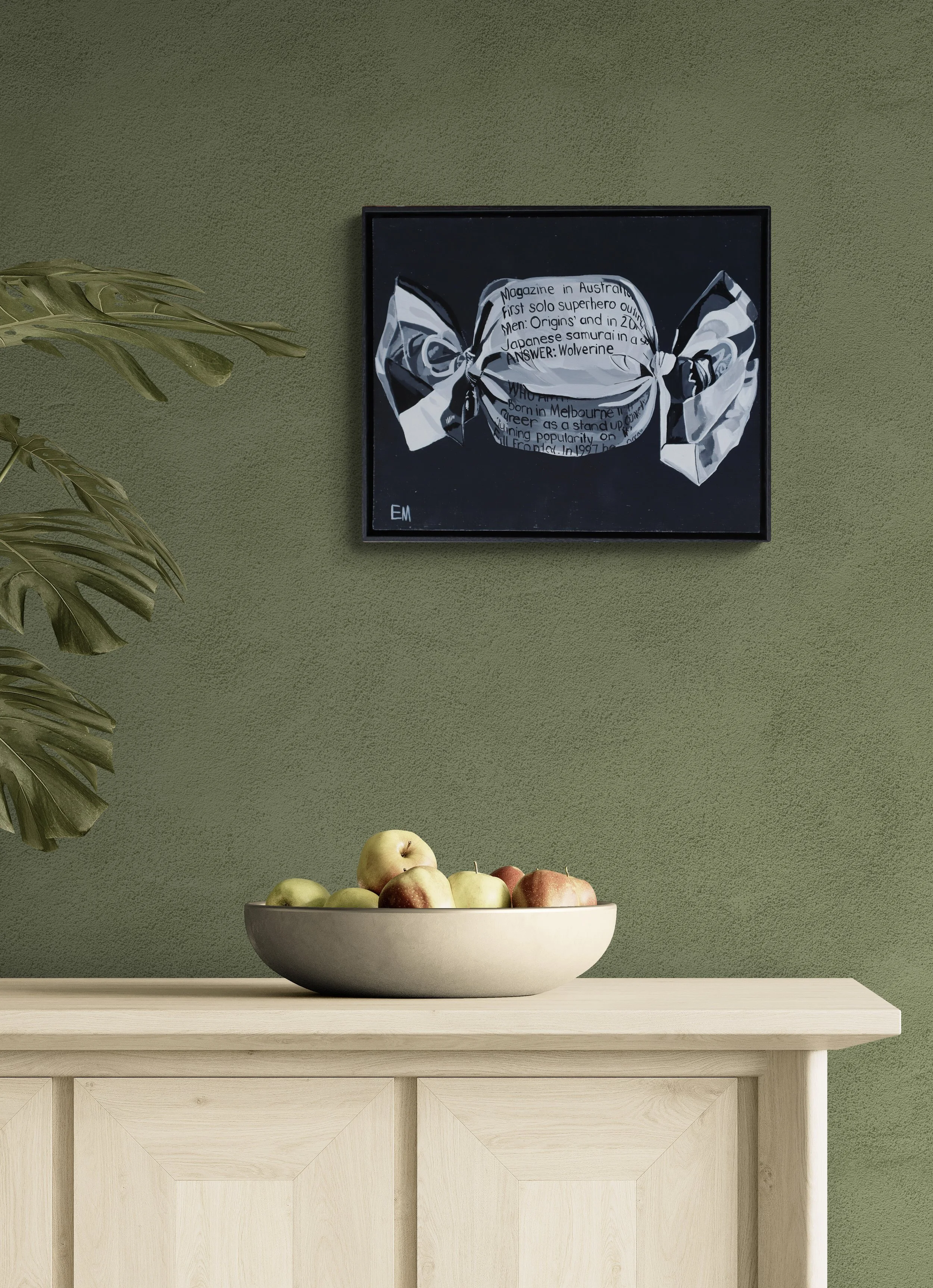 black and white painting of Fantale painted dsiplayed wall
