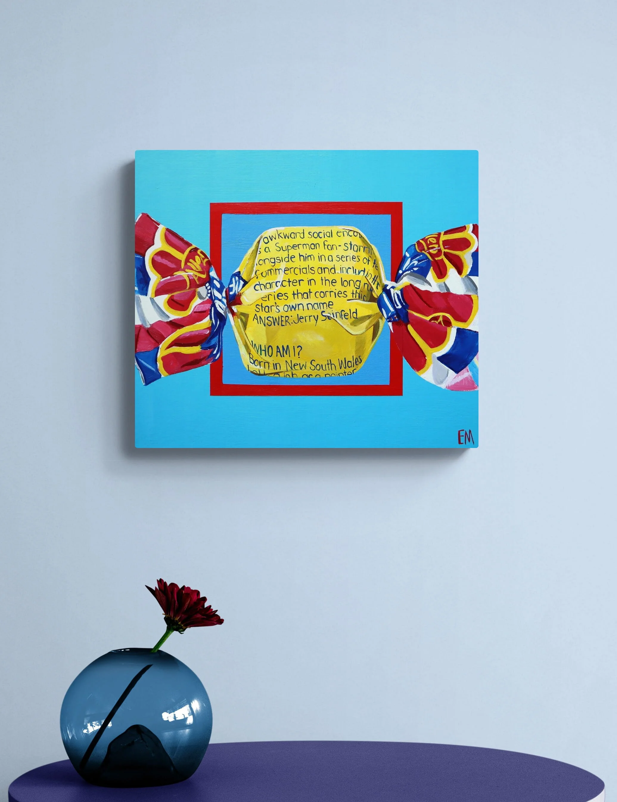 blue and red art on blue walls blue interior art