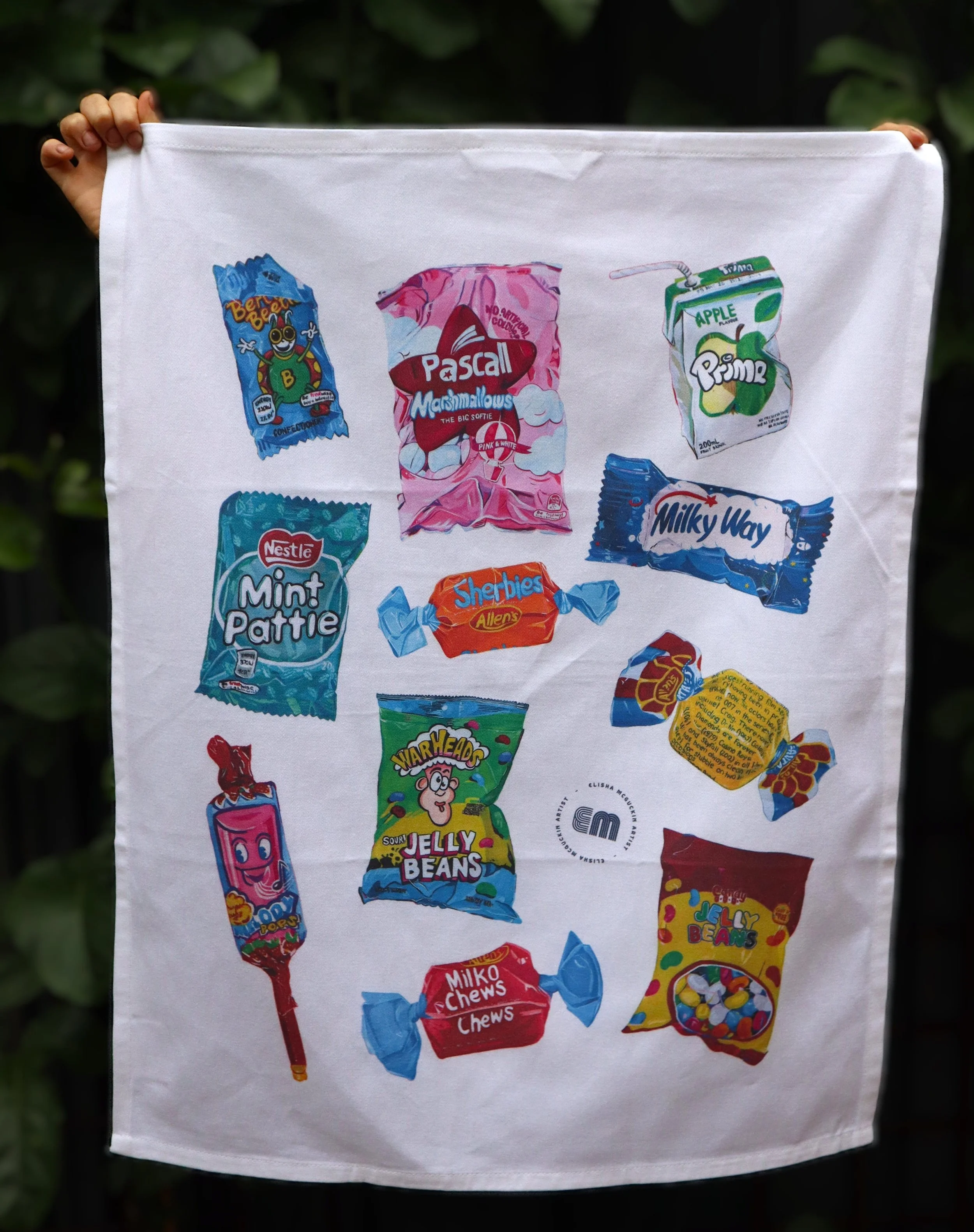 Bright tea towel with lolly design