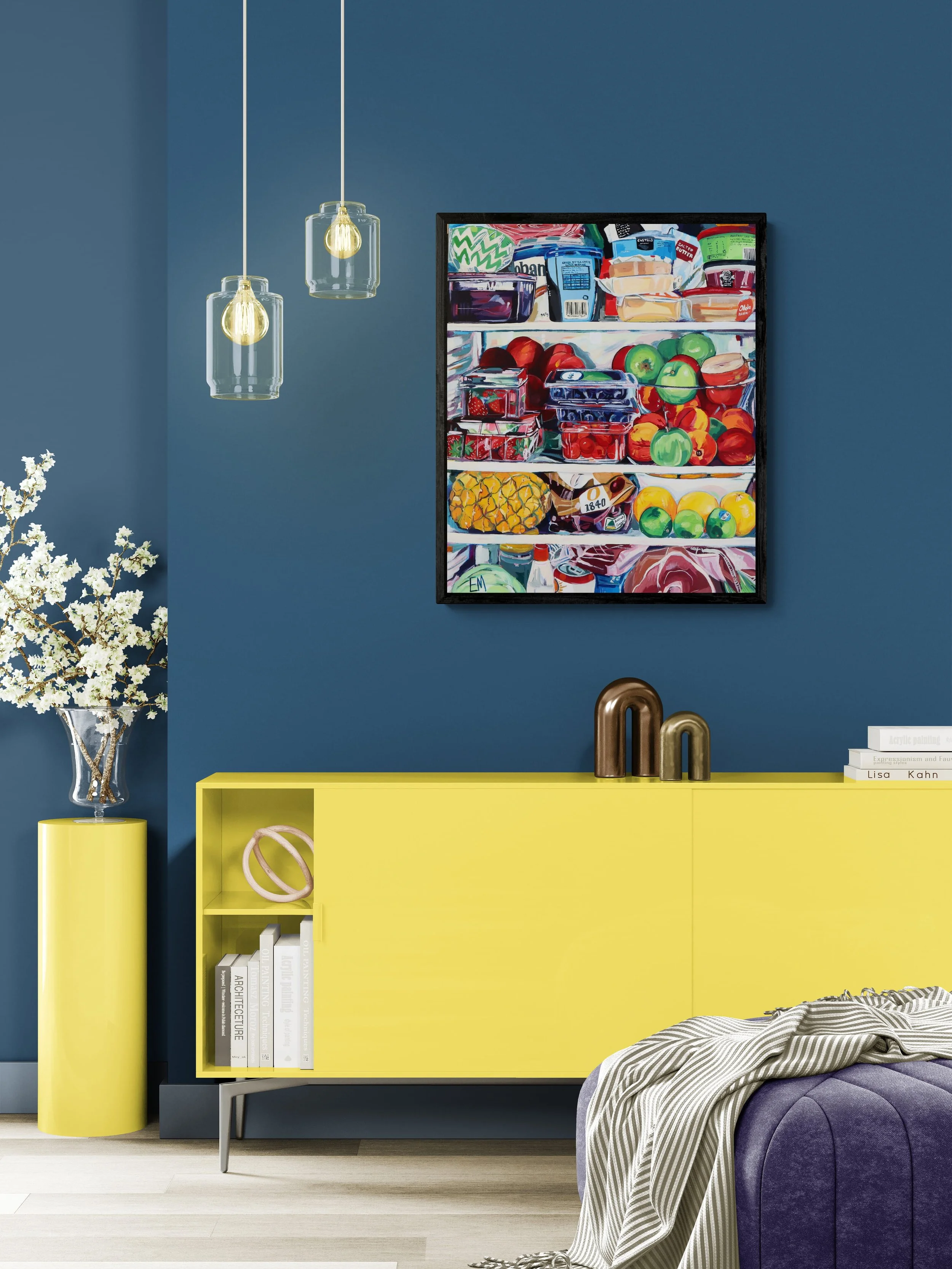 dopamine bright interior with colourful artwork on walls