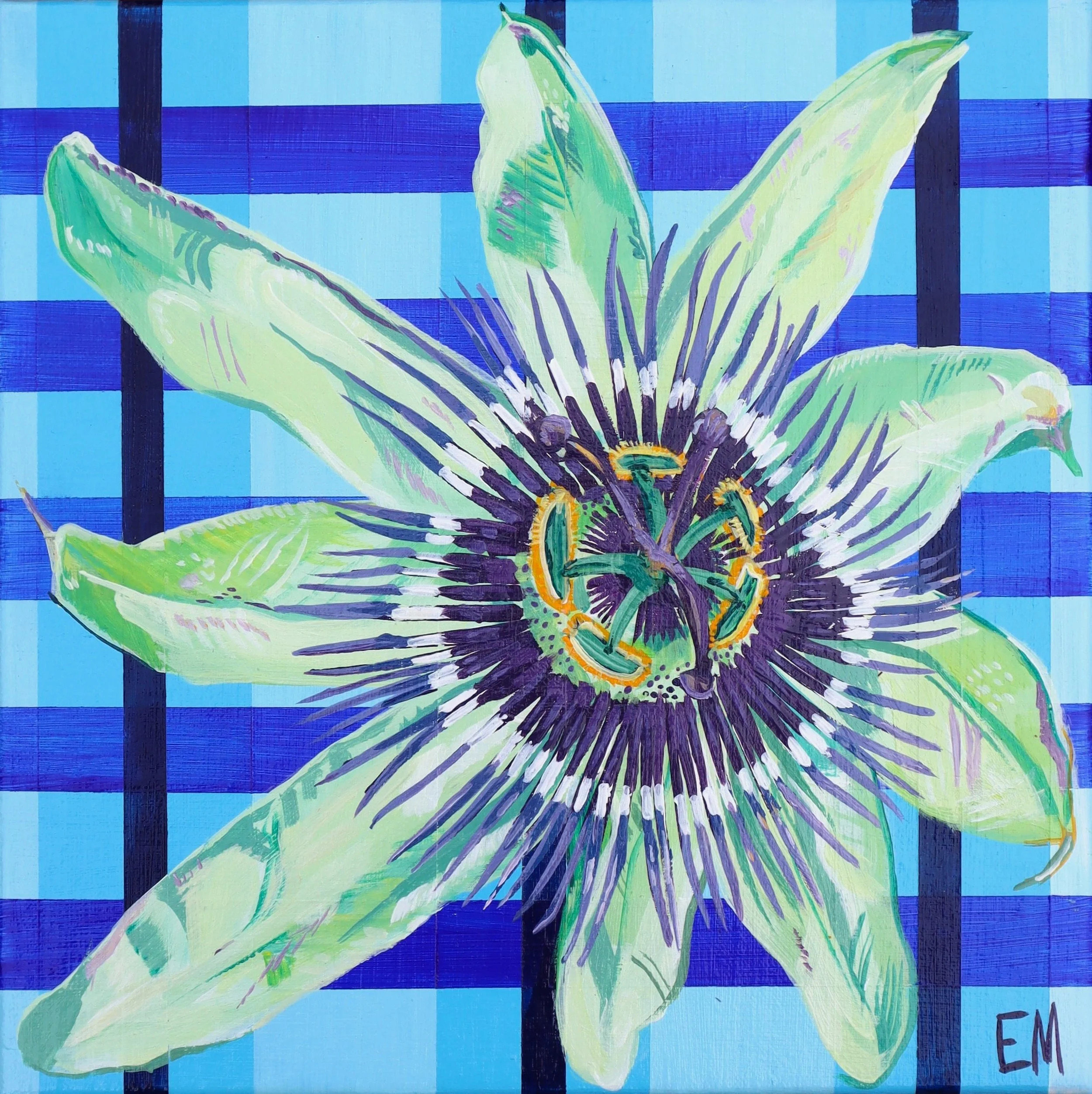 Passionfruit flower painting with bright blue check background