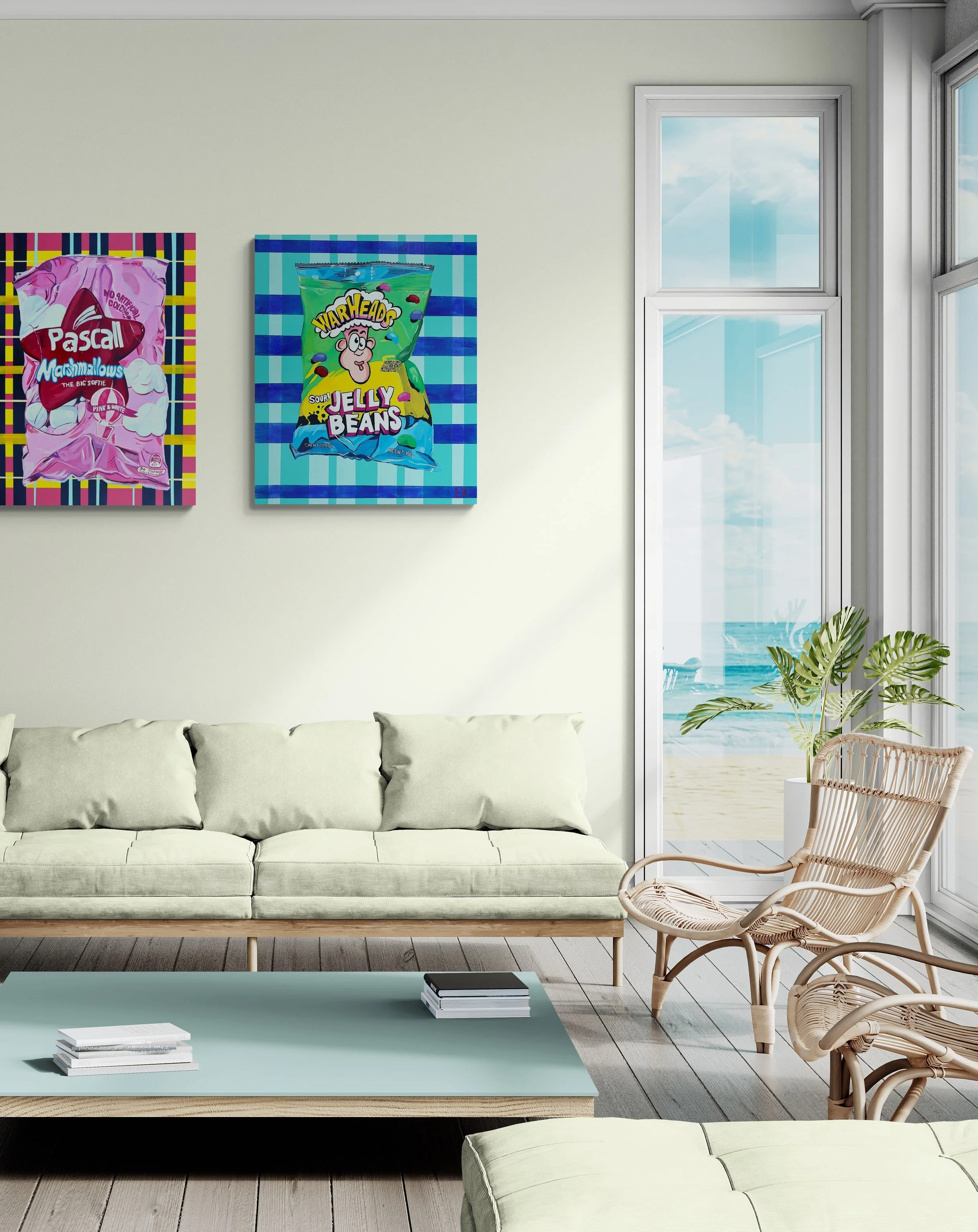 bright candy paintings hang in bright interior space