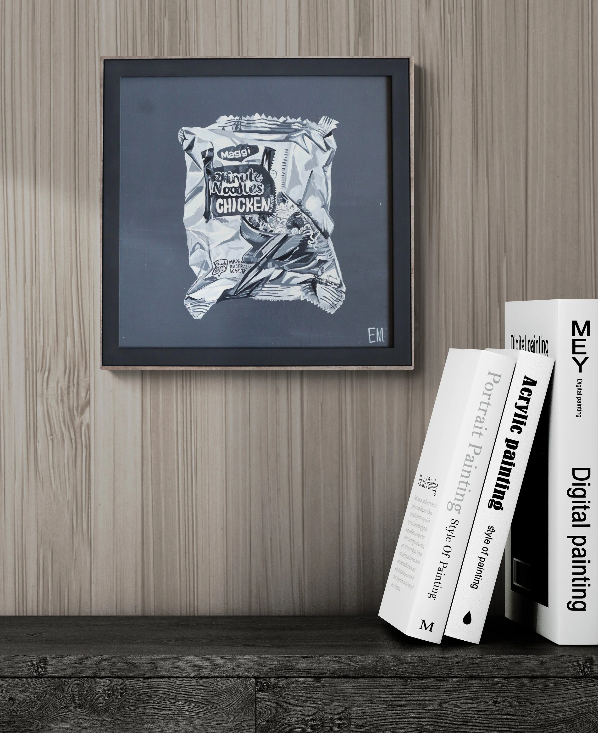 Grey Two Minute Noodle Painting Hangs On Timber  Wall