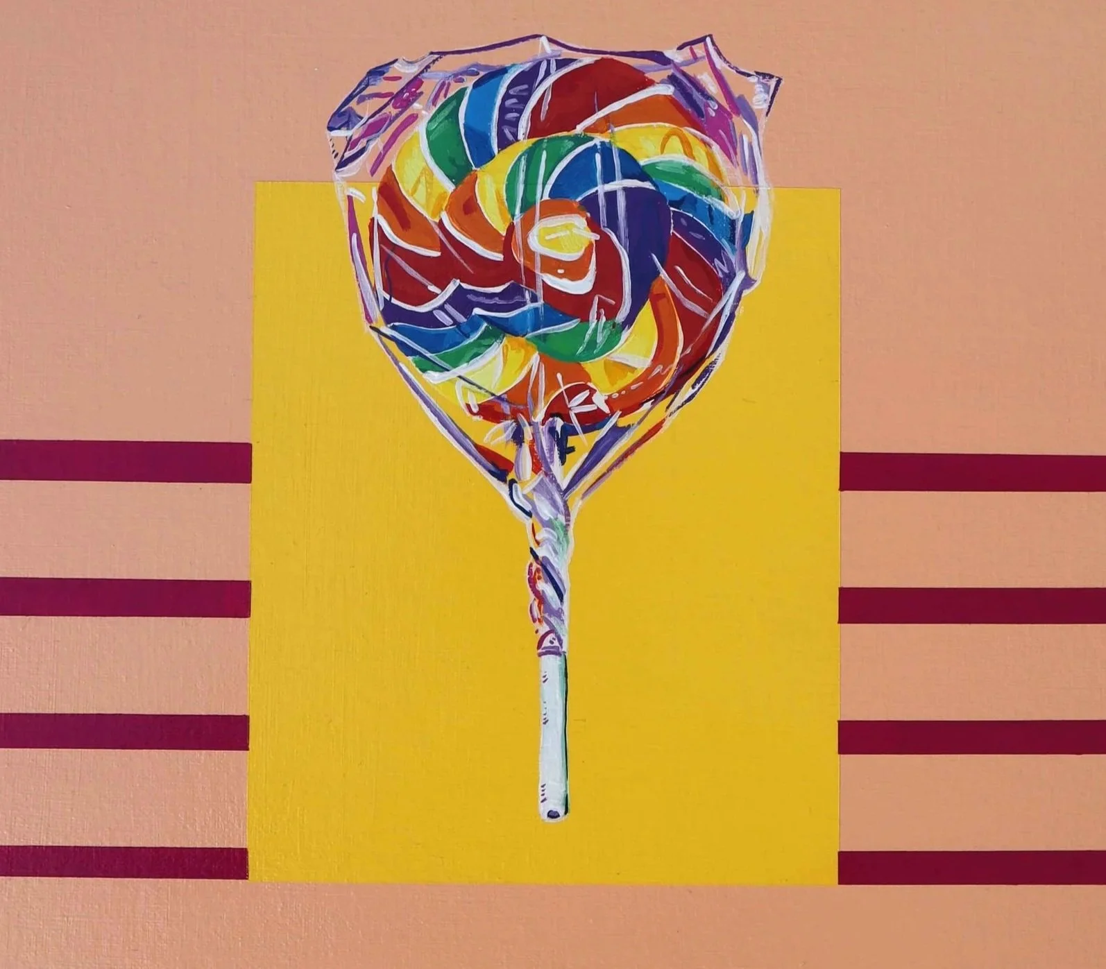 Colorful abstract drawing of a lollipop with a swirl pattern, on a pink background with horizontal maroon stripes and a yellow square behind the lollipop.