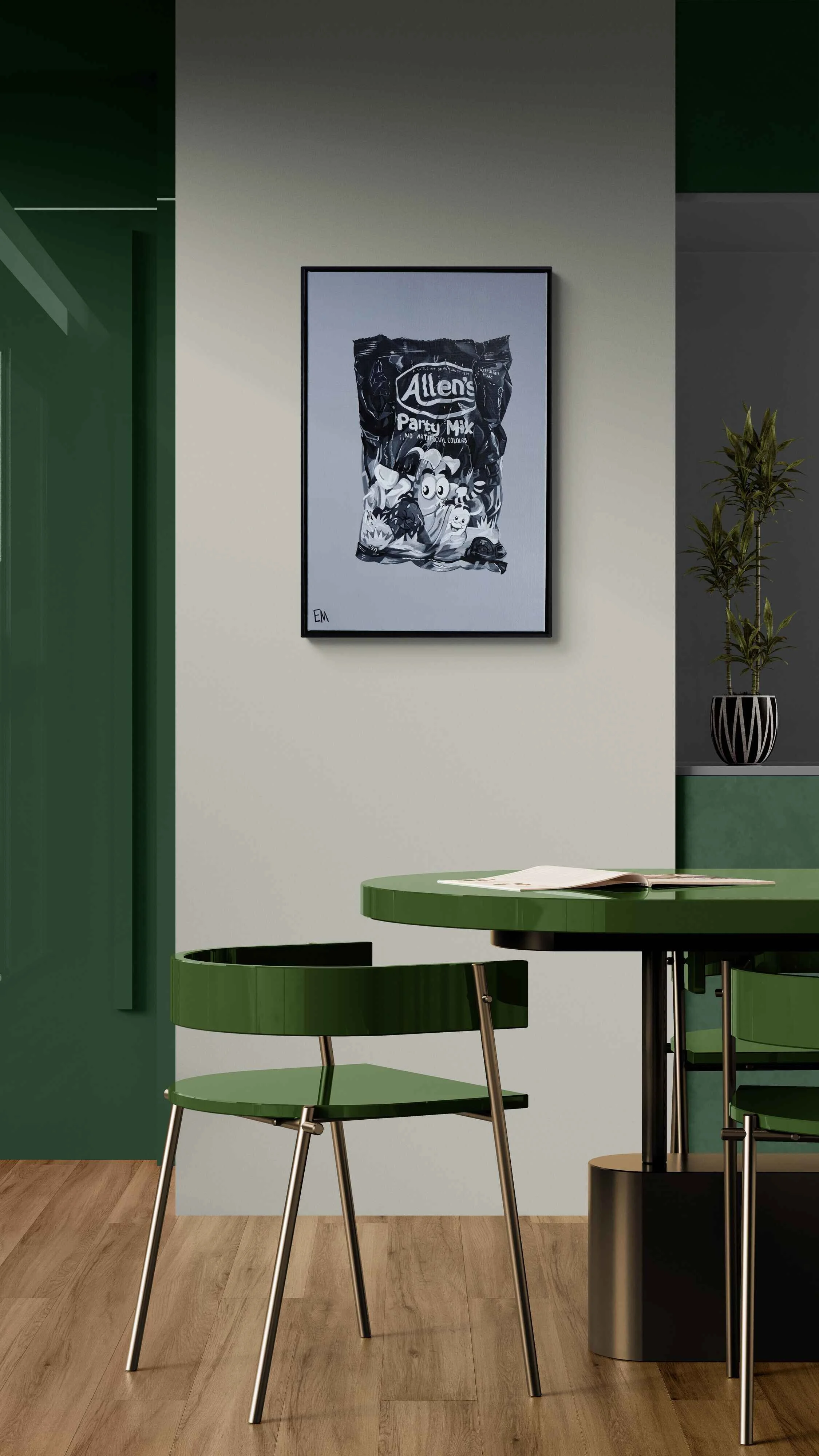 mid century modern interior green decor with black and white art on walls