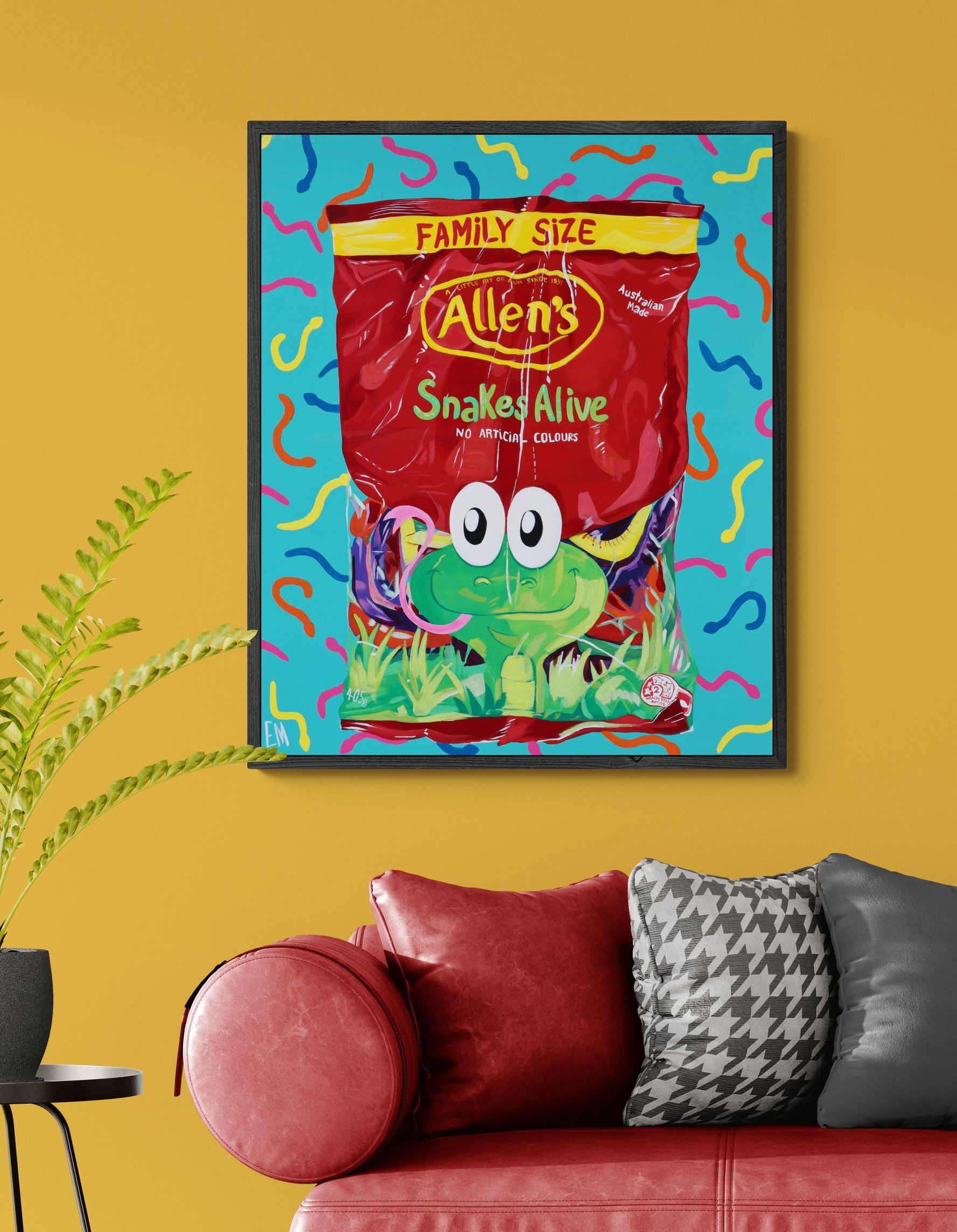 bright painting of allens snakes lollies hangs on wall