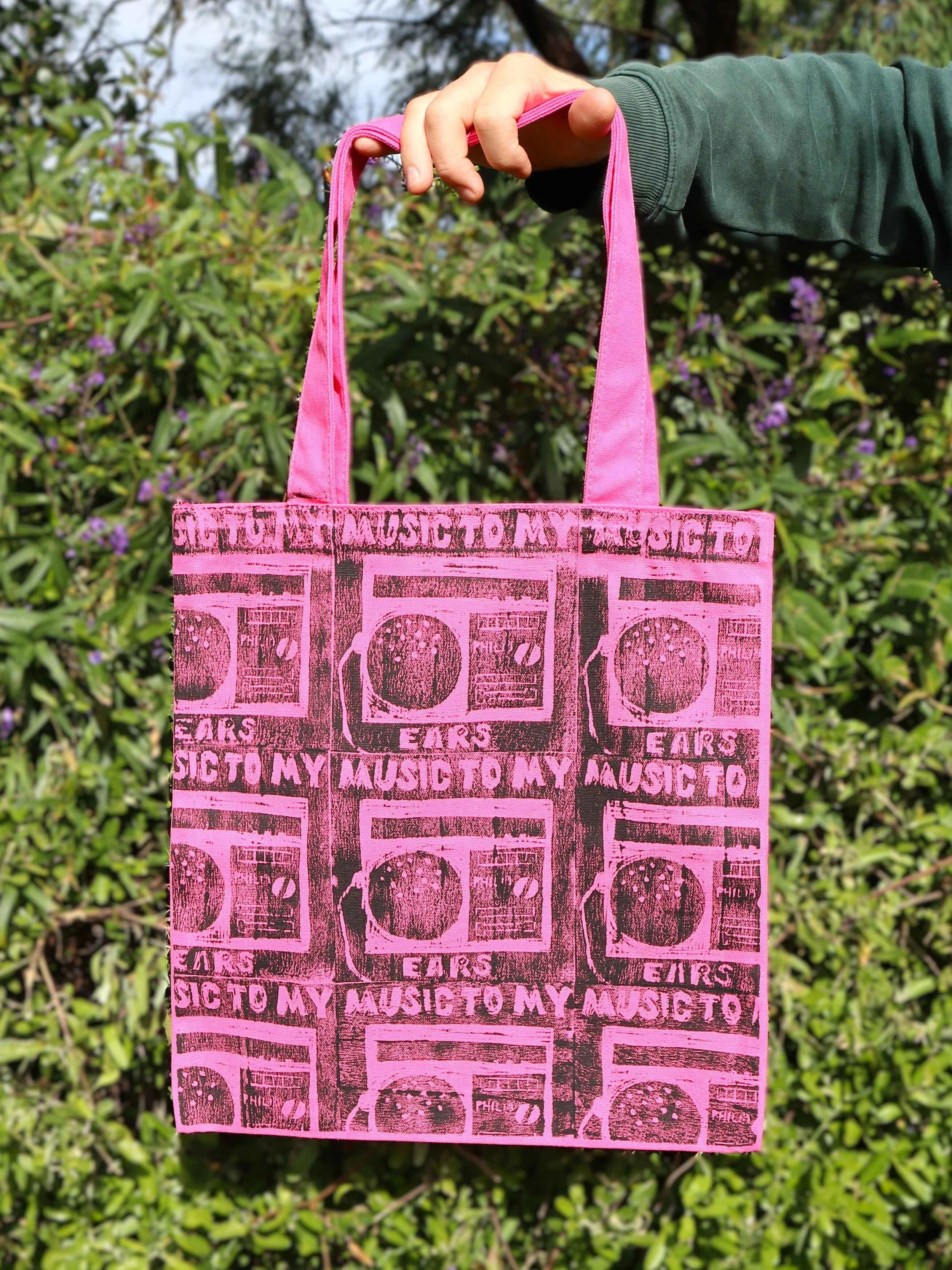 fun tote bag hot pink hand printed music