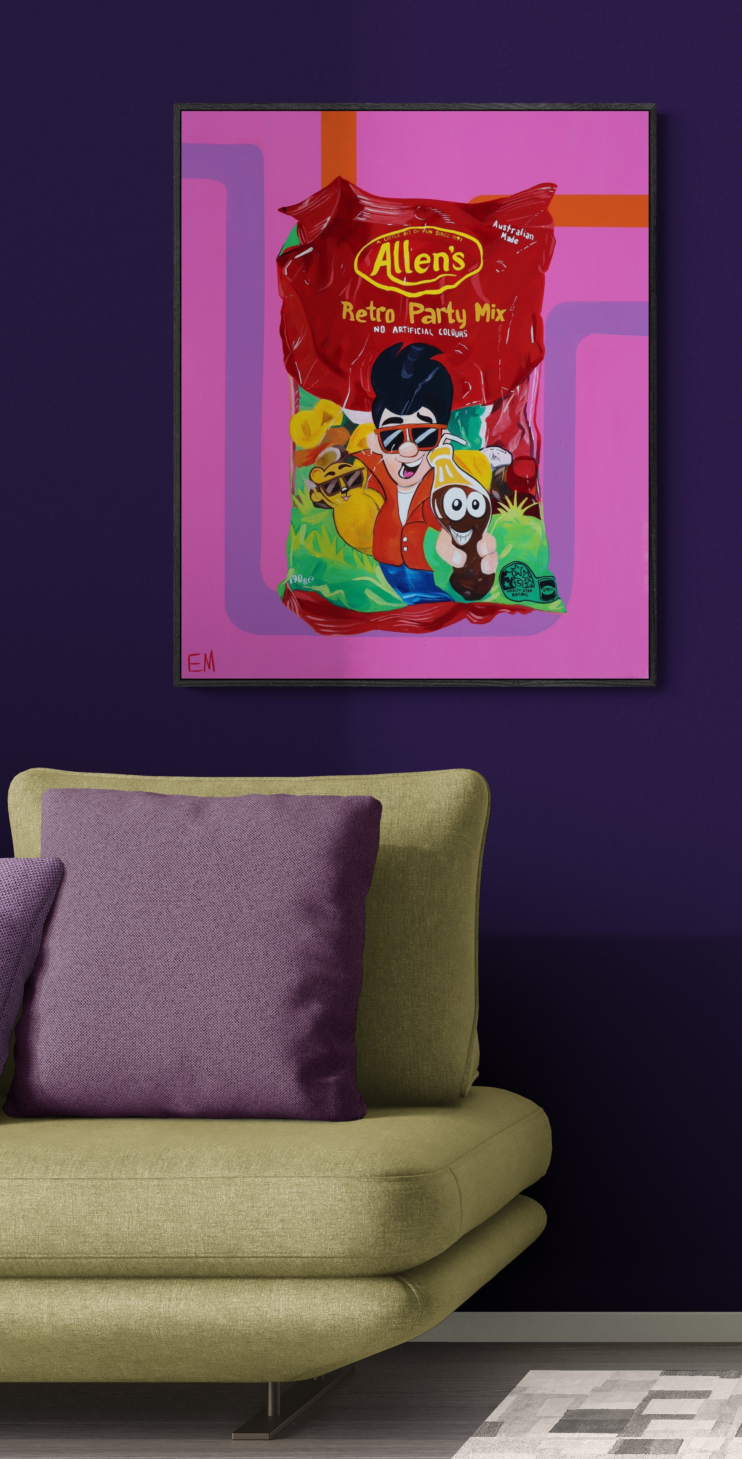 painting of allens party mix lolly with pink and orange art display on dark wall
