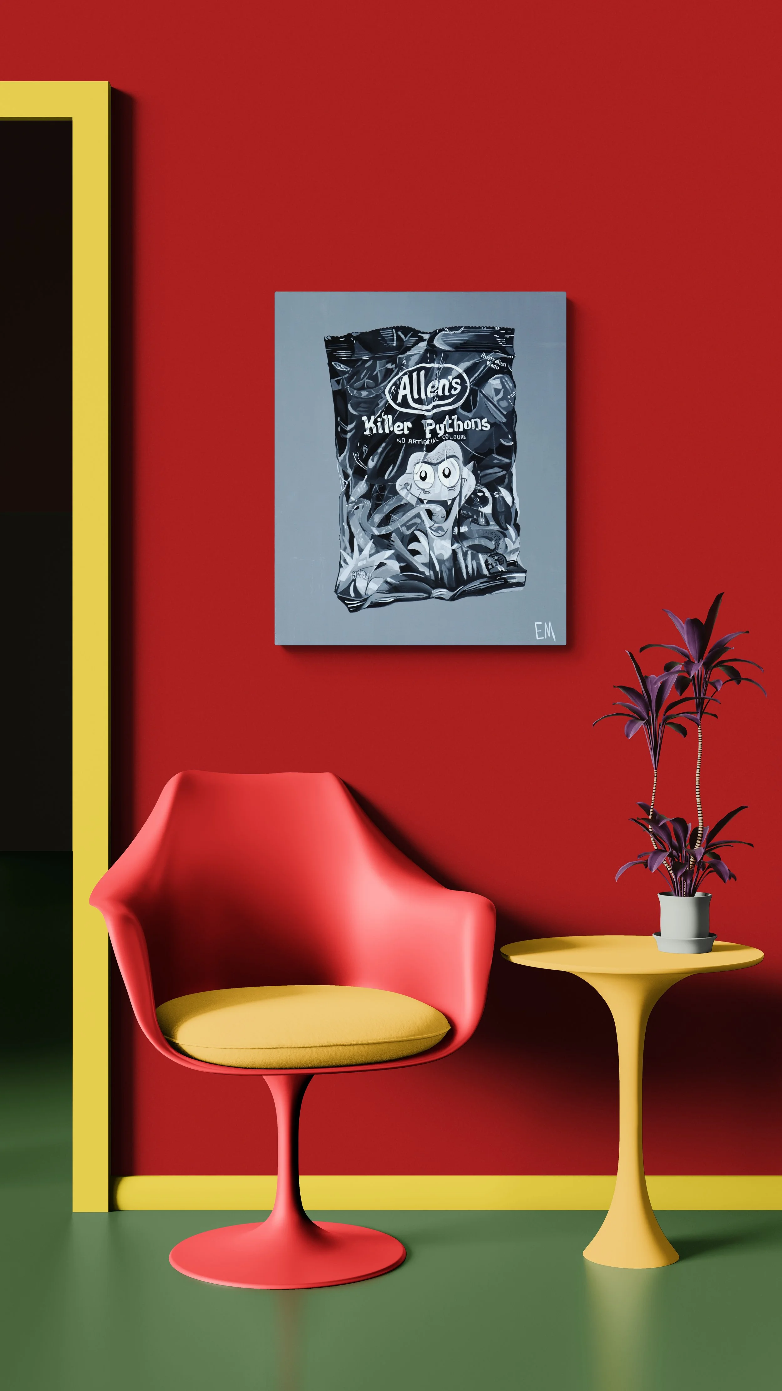 killer python painting on red wall