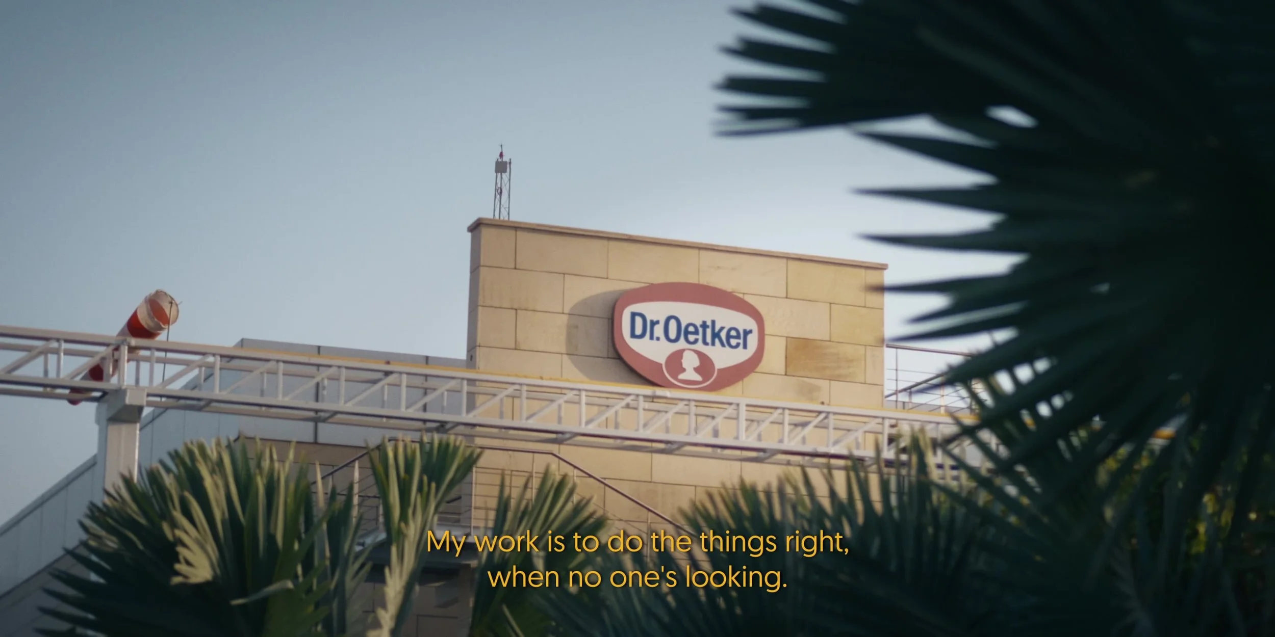 A building with a sign that reads 'Dr. Oetker', partly obscured by green palm leaves in the foreground, and a clear sky in the background.