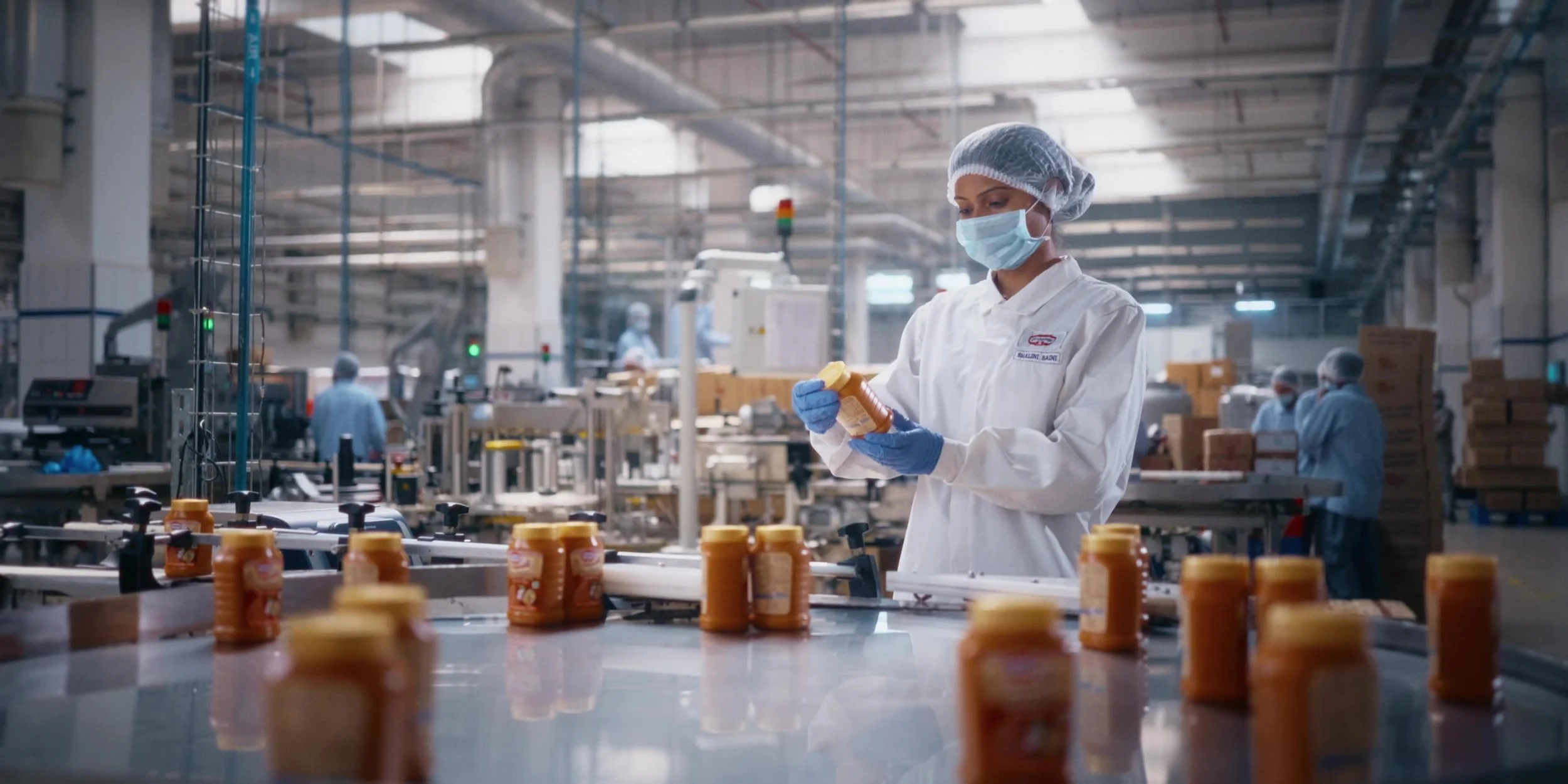 A woman wearing a protective hairnet, face mask, and gloves inspects bottles of pills on a factory conveyor belt in a pharmaceutical manufacturing plant.